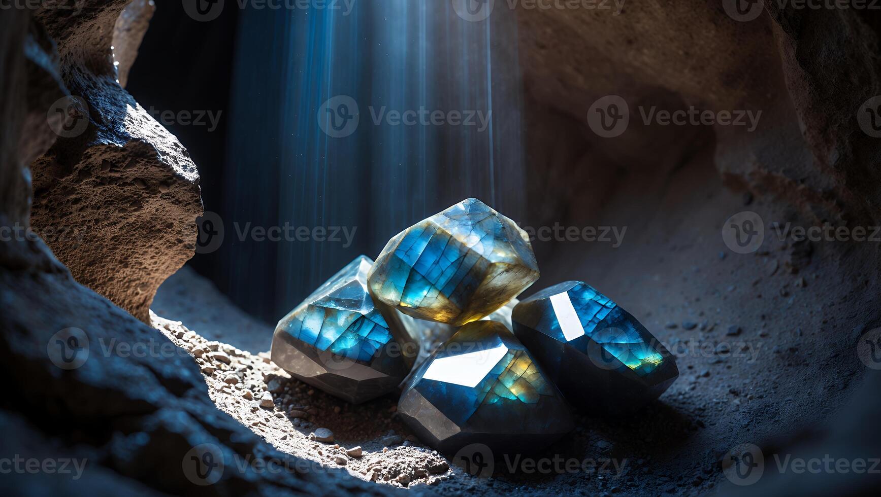 Pile of Raw Gemstones in Cave with Light Rays Shining Down photo