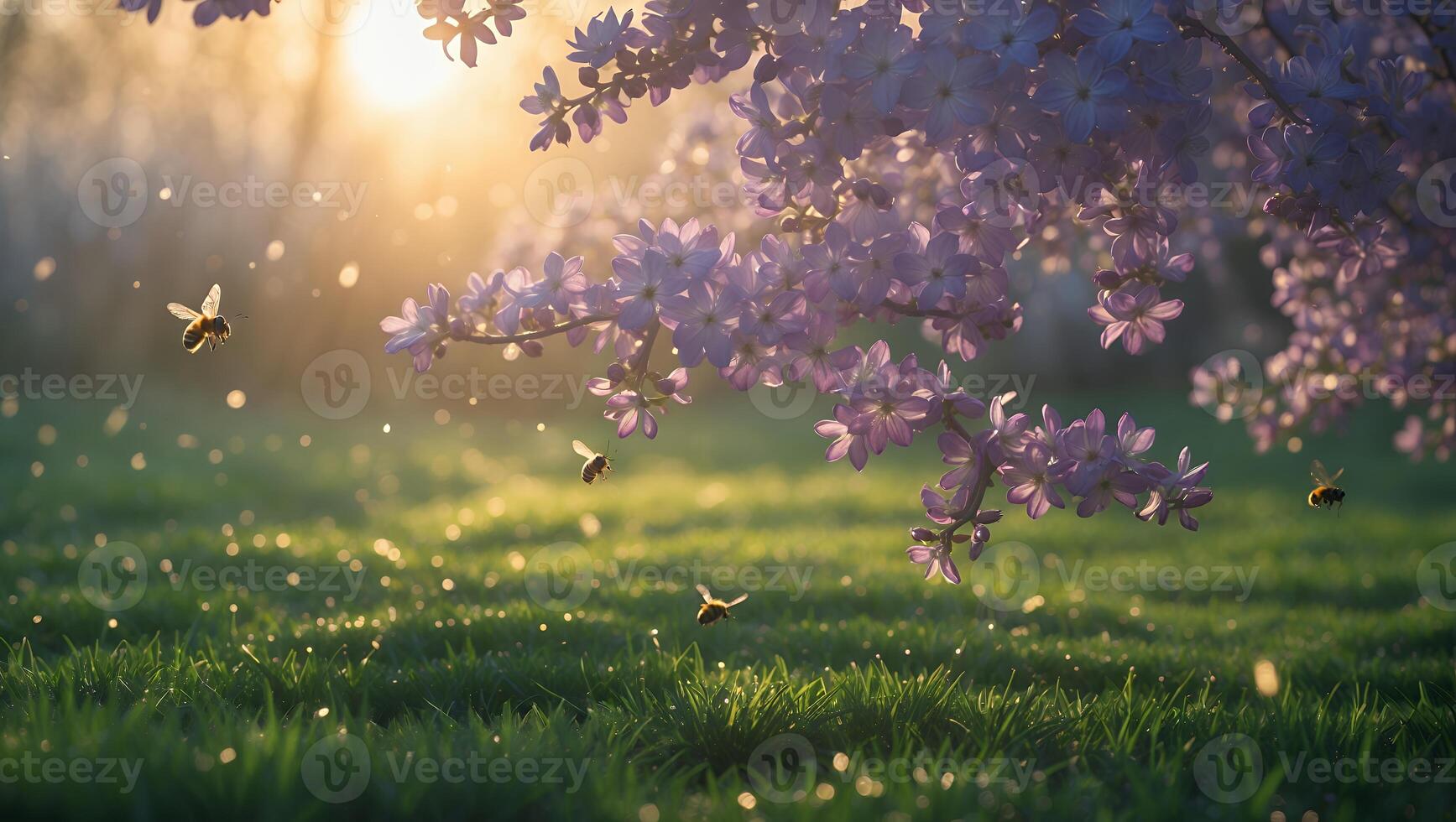 Bees Flying Near Blooming Tree in Spring Meadow at Sunset photo