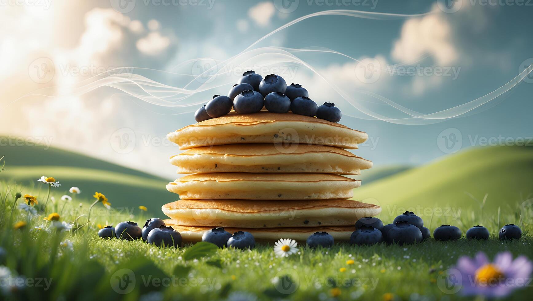 Stack of Pancakes with Blueberries on Grass Under Cloudy Sky photo
