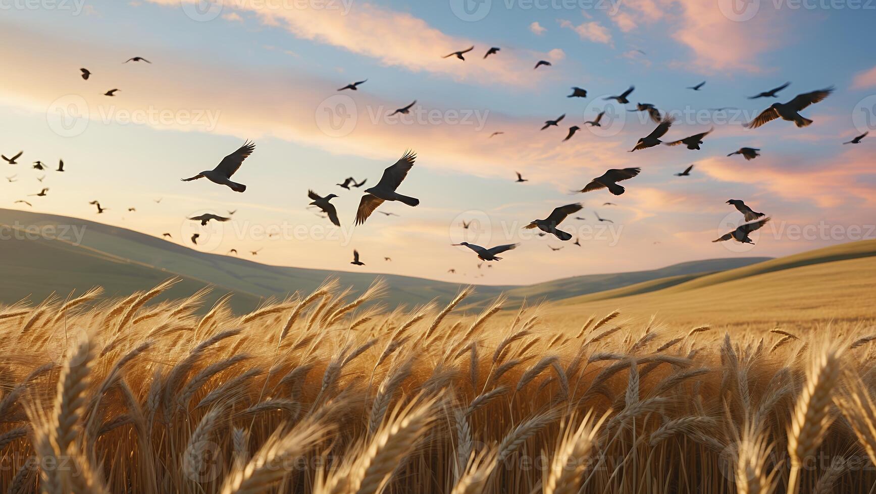 Birds Flying Over Golden Wheat Field at Dusk with Rolling Hills photo
