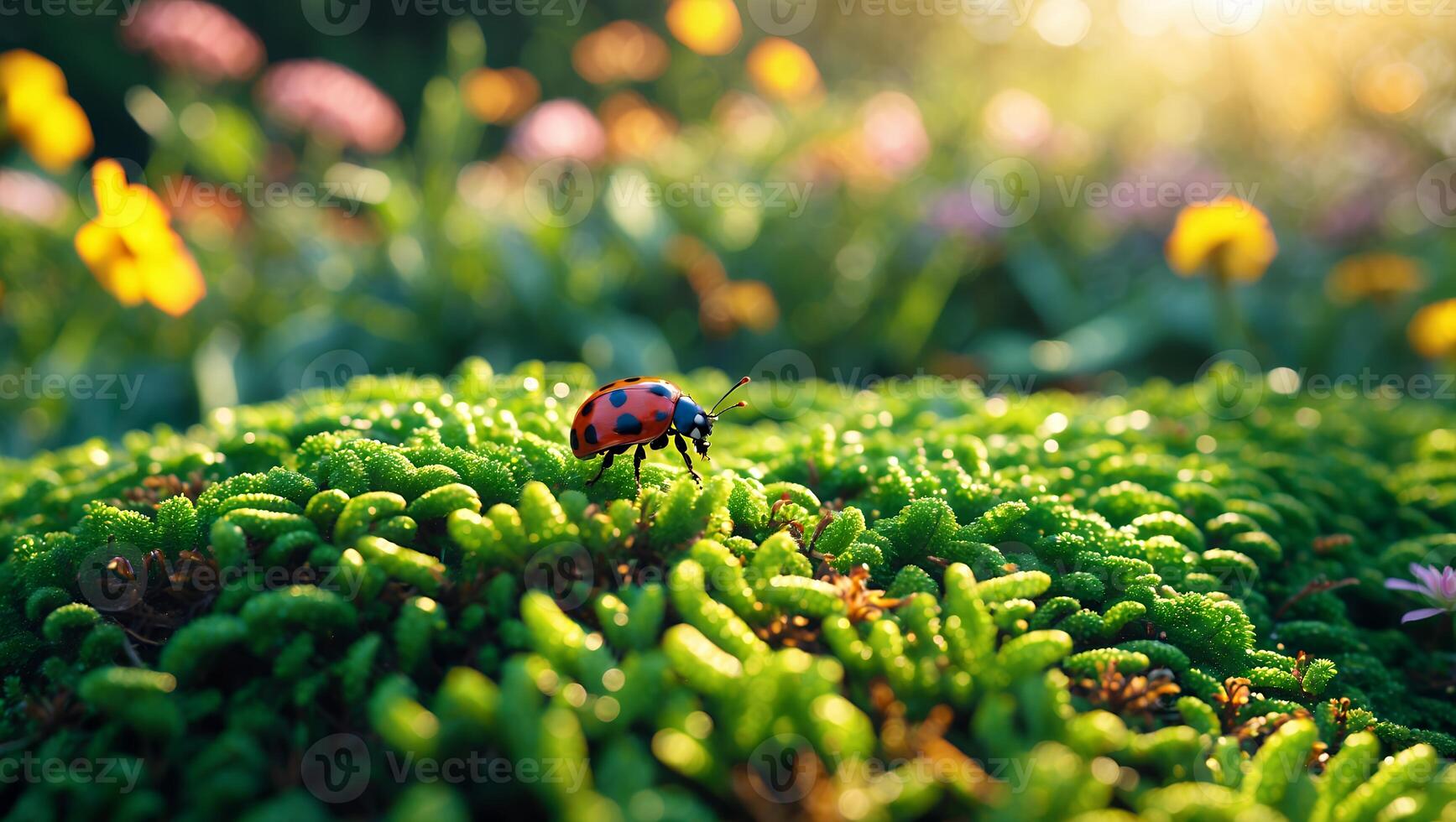 Ladybug Walking on Green Plants with Bokeh Background of Flowers photo