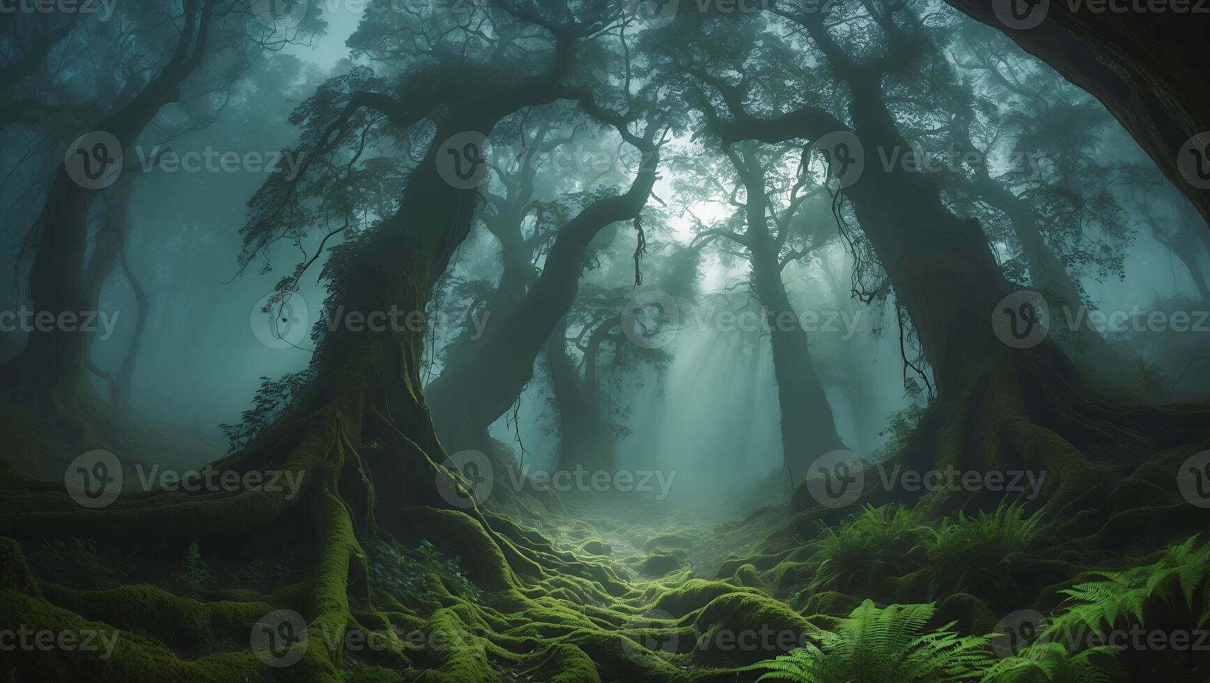 Walking Through a Mystical Forest with Fog and Sunlight Streaks photo