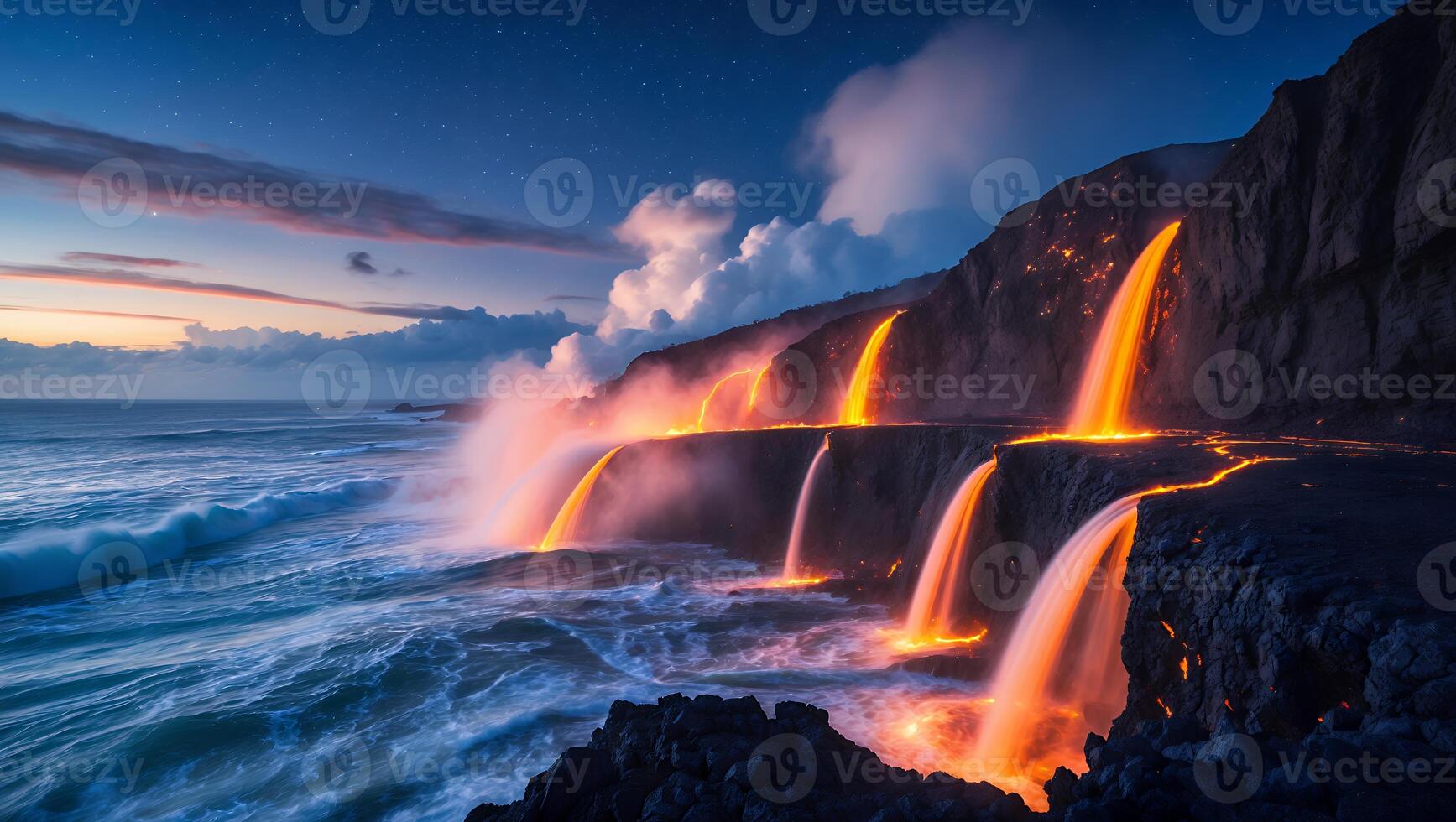 Lava Flowing Into the Ocean at Night with Dramatic Coastal Scenery photo