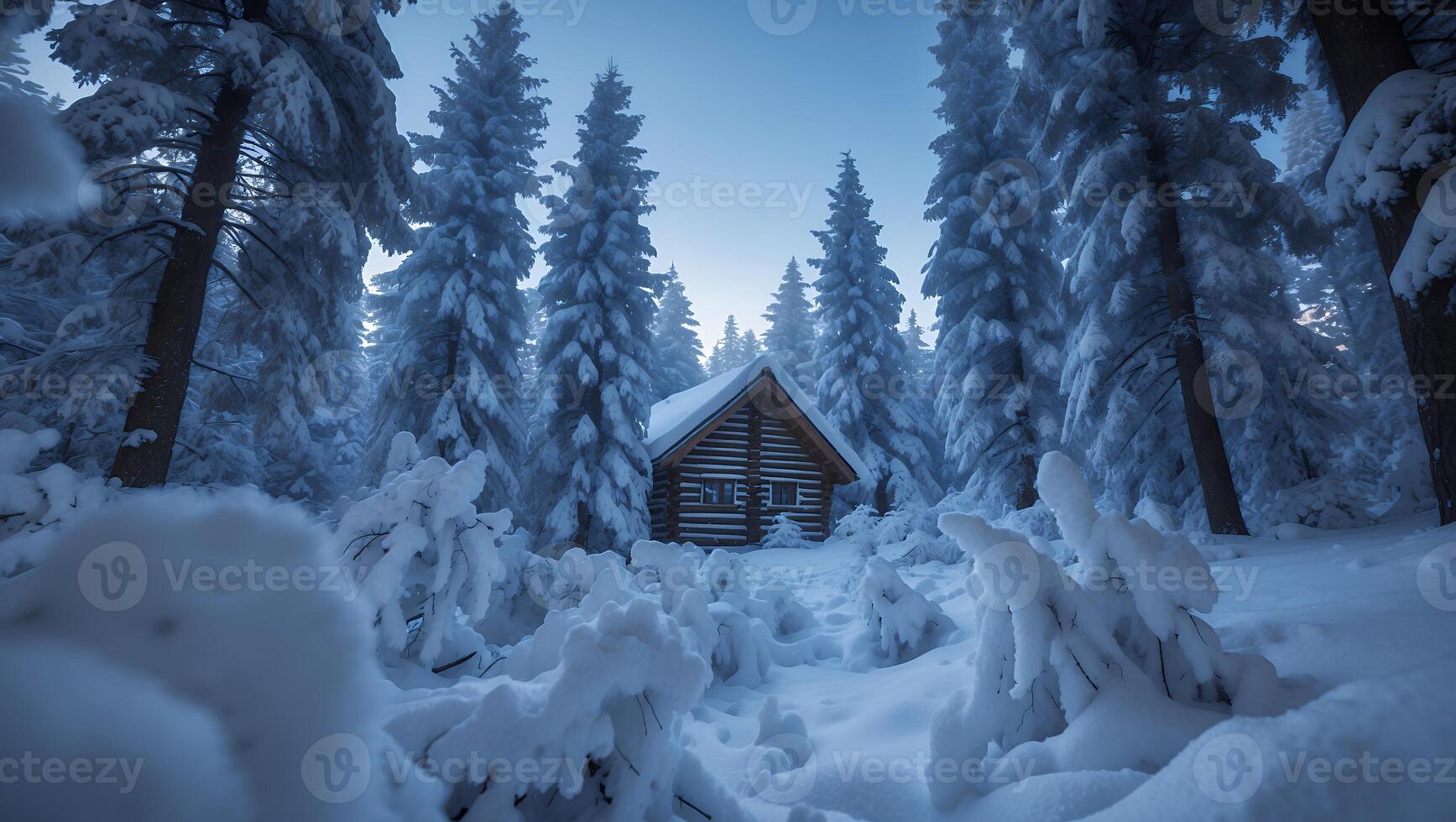 Log Cabin in a Snowy Forest with Tall Evergreen Trees photo