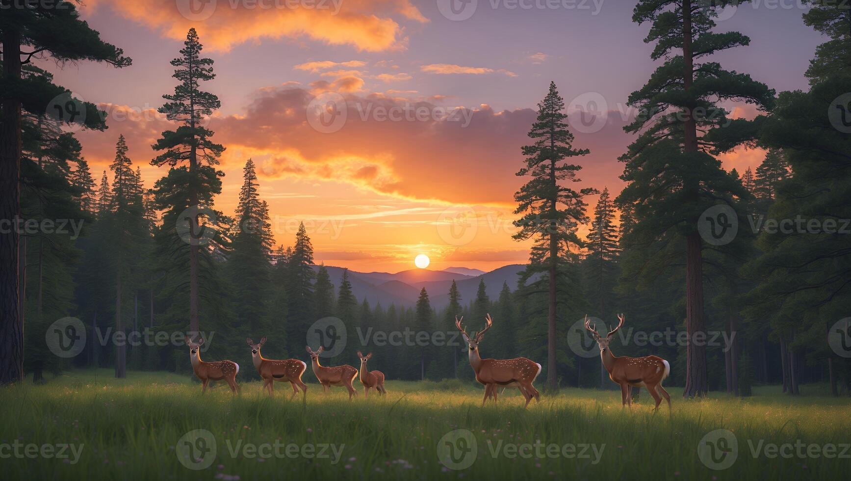 Deer Grazing in Meadow at Sunset with Forest and Mountains photo