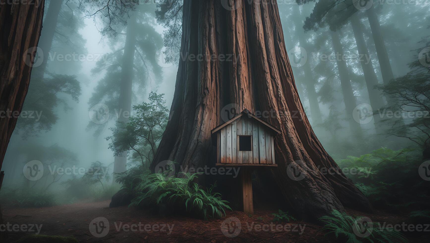 Exploring Mysterious Redwood Forest with Small Wooden Structure on Tree photo