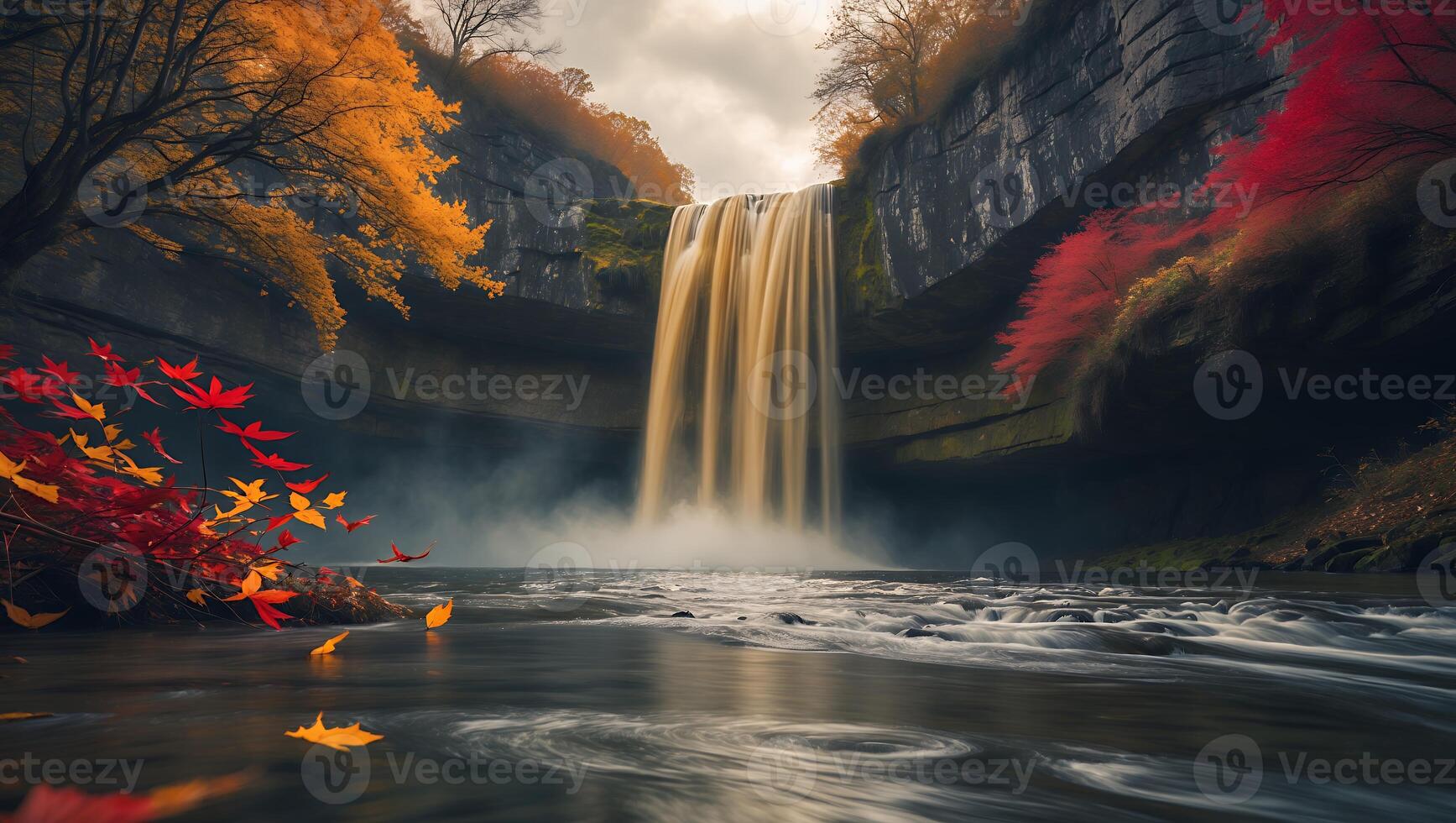 Scenic Waterfall Flowing in Autumn Landscape with Colorful Fall Foliage photo
