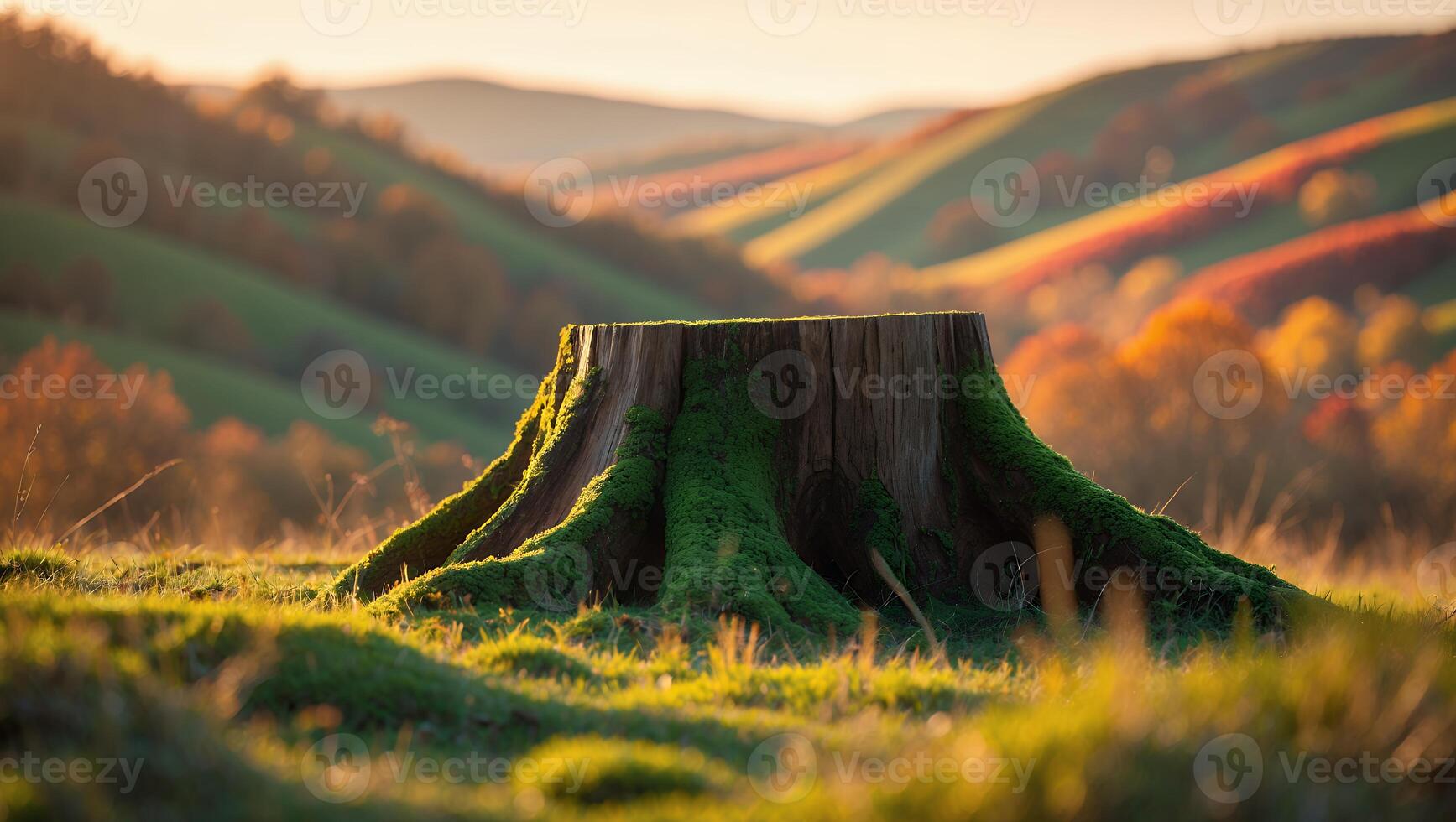 Mossy Tree Stump on a Grassy Hillside During Autumn Season photo