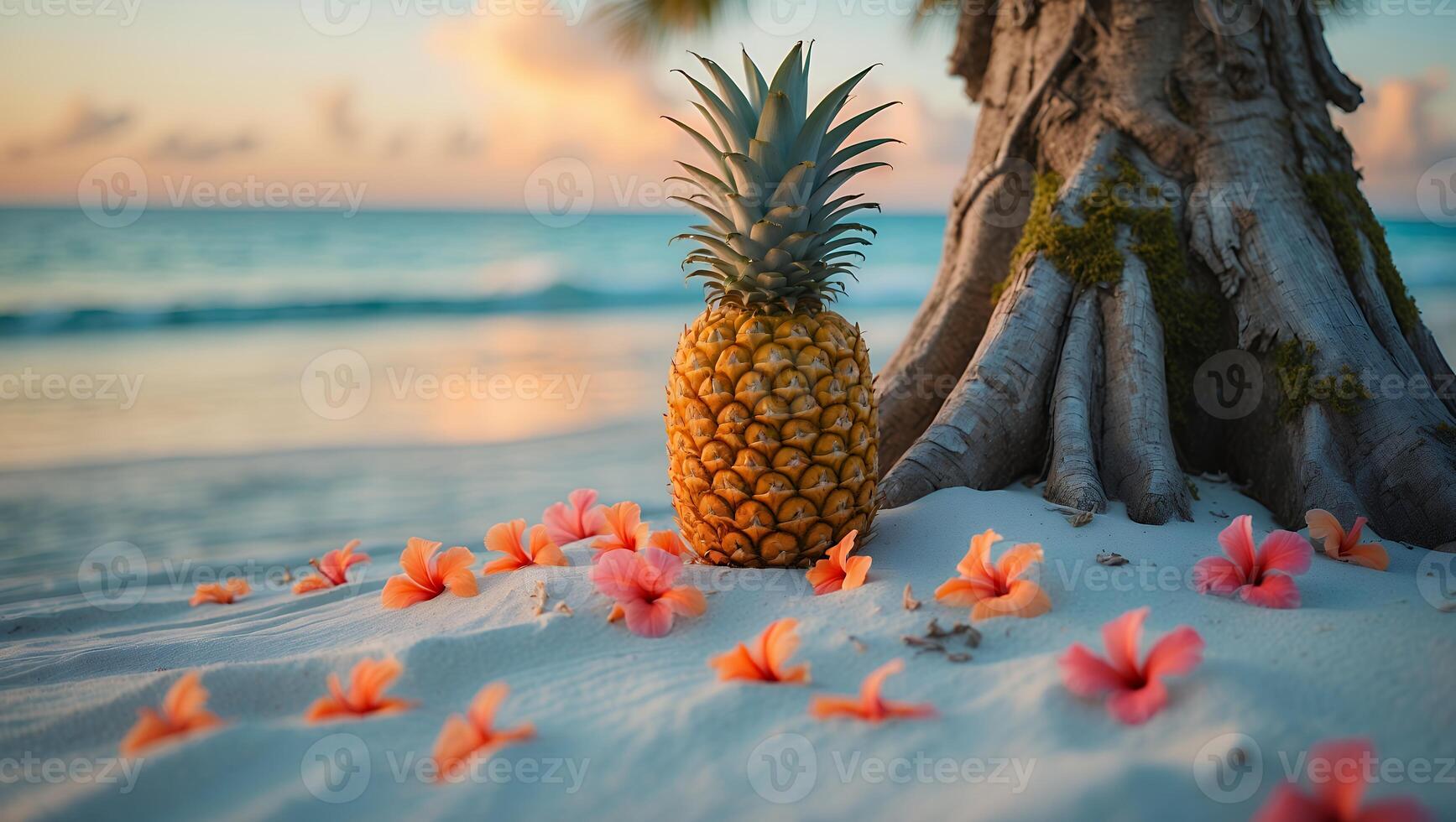 Pineapple Resting on Beach with Tropical Flowers and Gentle Waves photo