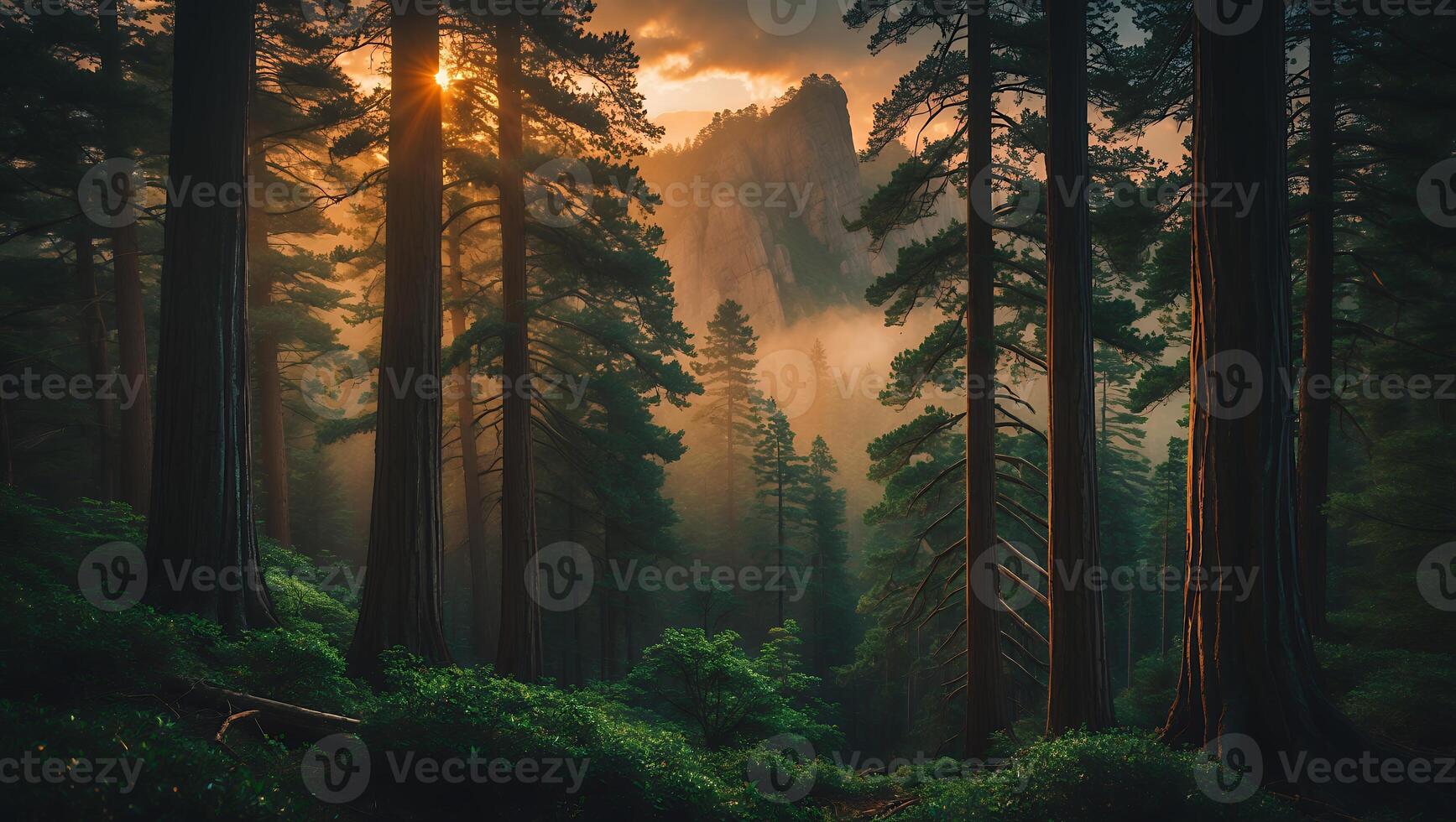 Sunlit Forest Scene with Tall Trees and Foggy Mountain Backdrop photo