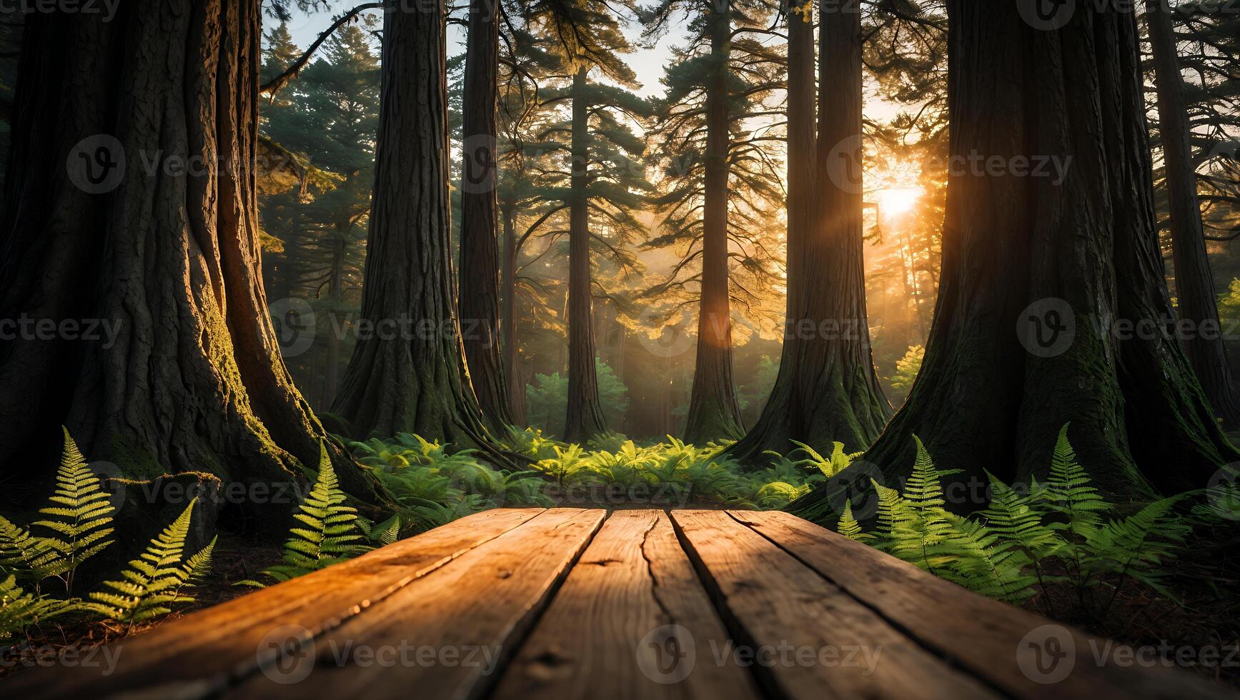 Wooden Path Through Tranquil Forest with Sunlight Streaming Through Trees photo