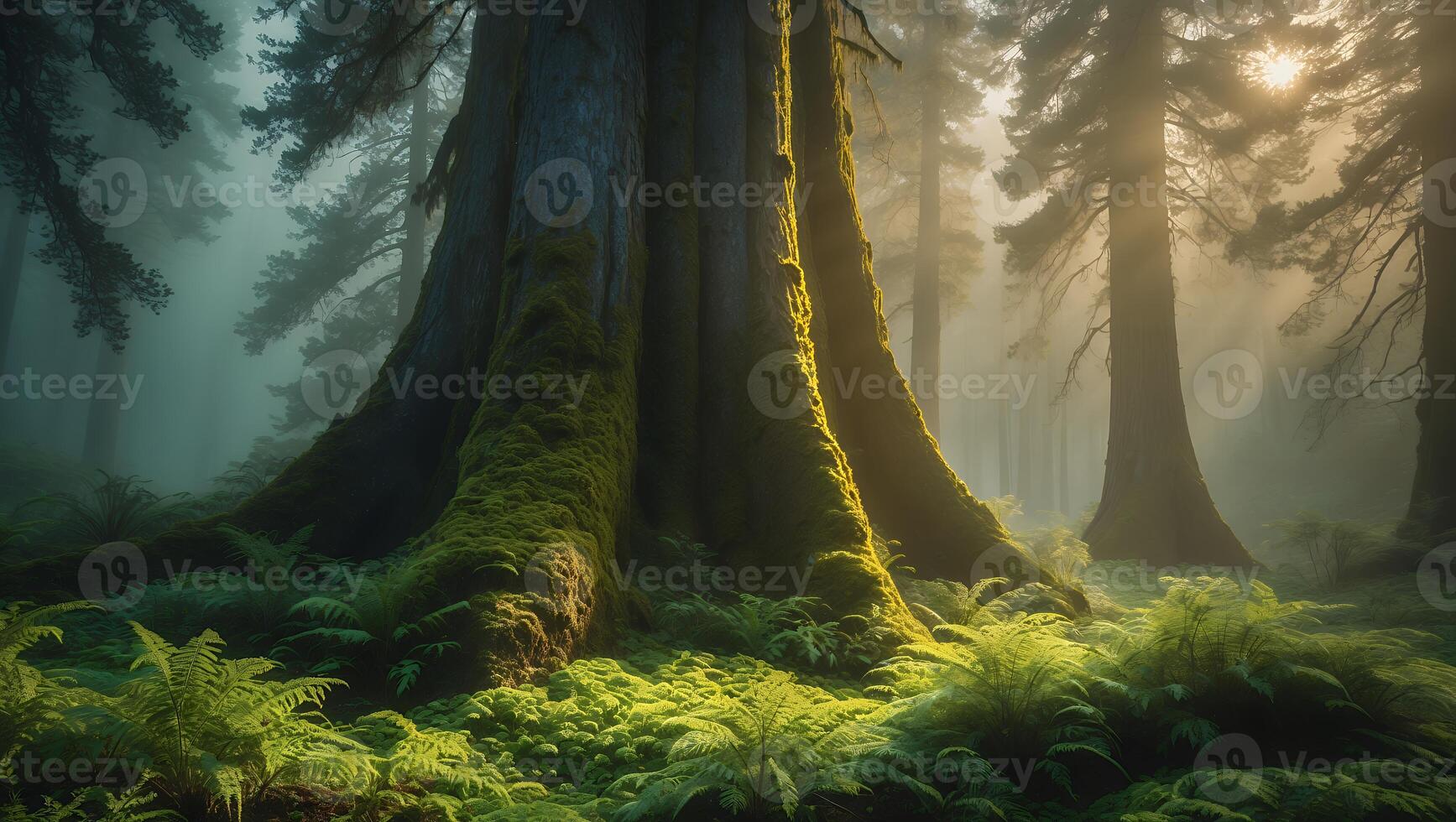 Standing Tall Giant Tree in Sunlit Forest with Green Undergrowth photo