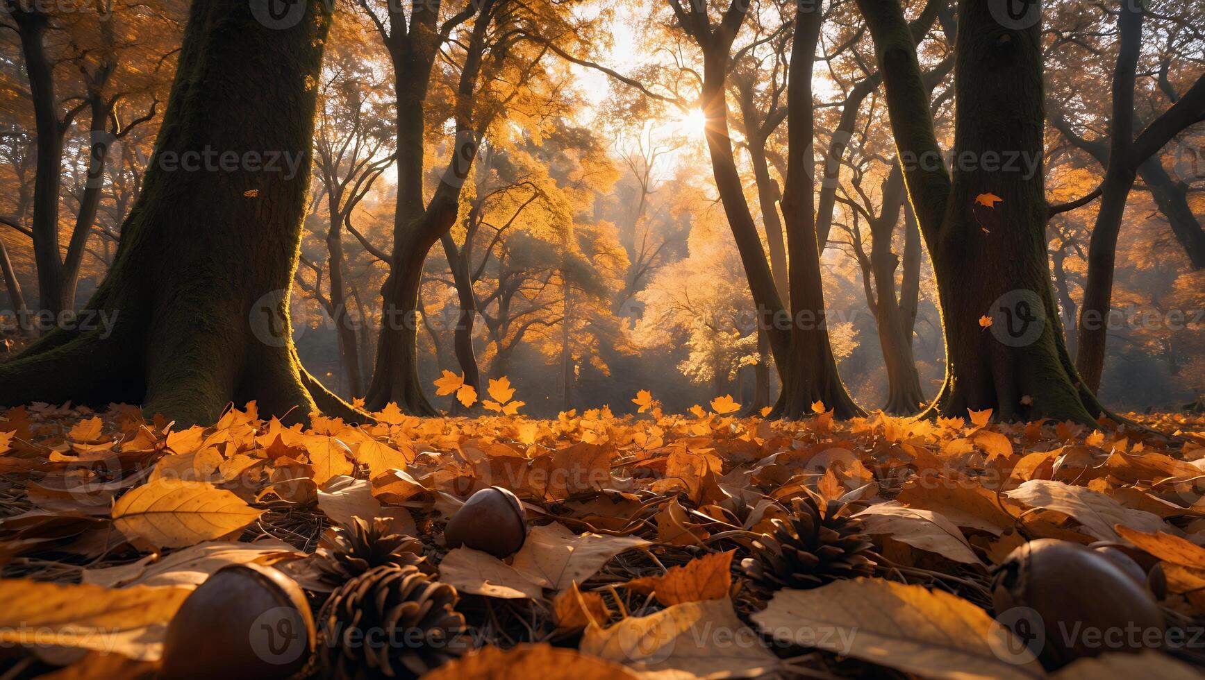 Autumn Forest Floor Covered in Fallen Leaves with Soft Sunlight photo