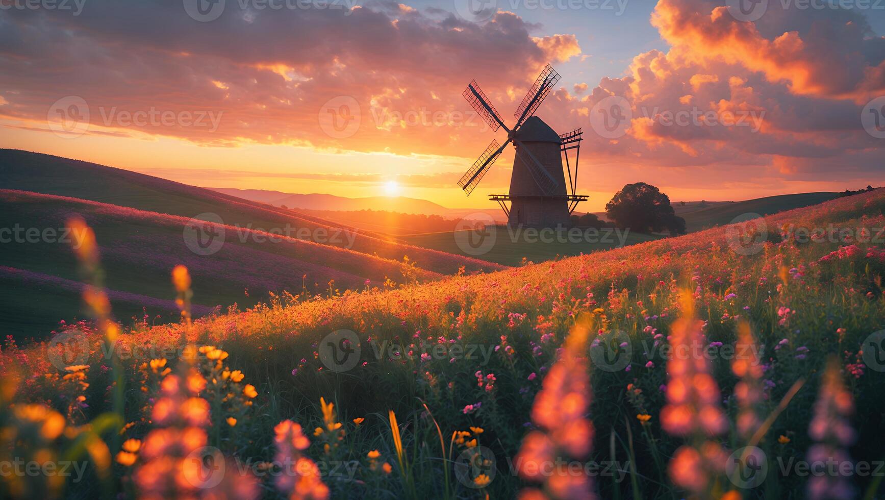Windmill at Golden Sunset Over Flower Field with Dramatic Sky photo