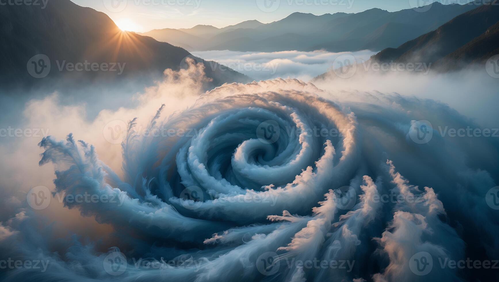 Swirling Cloud Formation Above Mountain Valley at Sunrise Creating Serenity photo