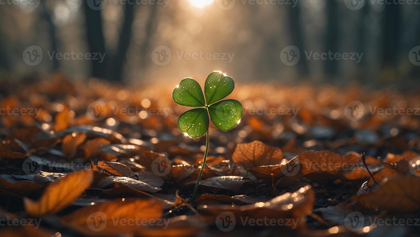 Three Leaf Clover Growing in Forest Floor of Fall Leaves photo