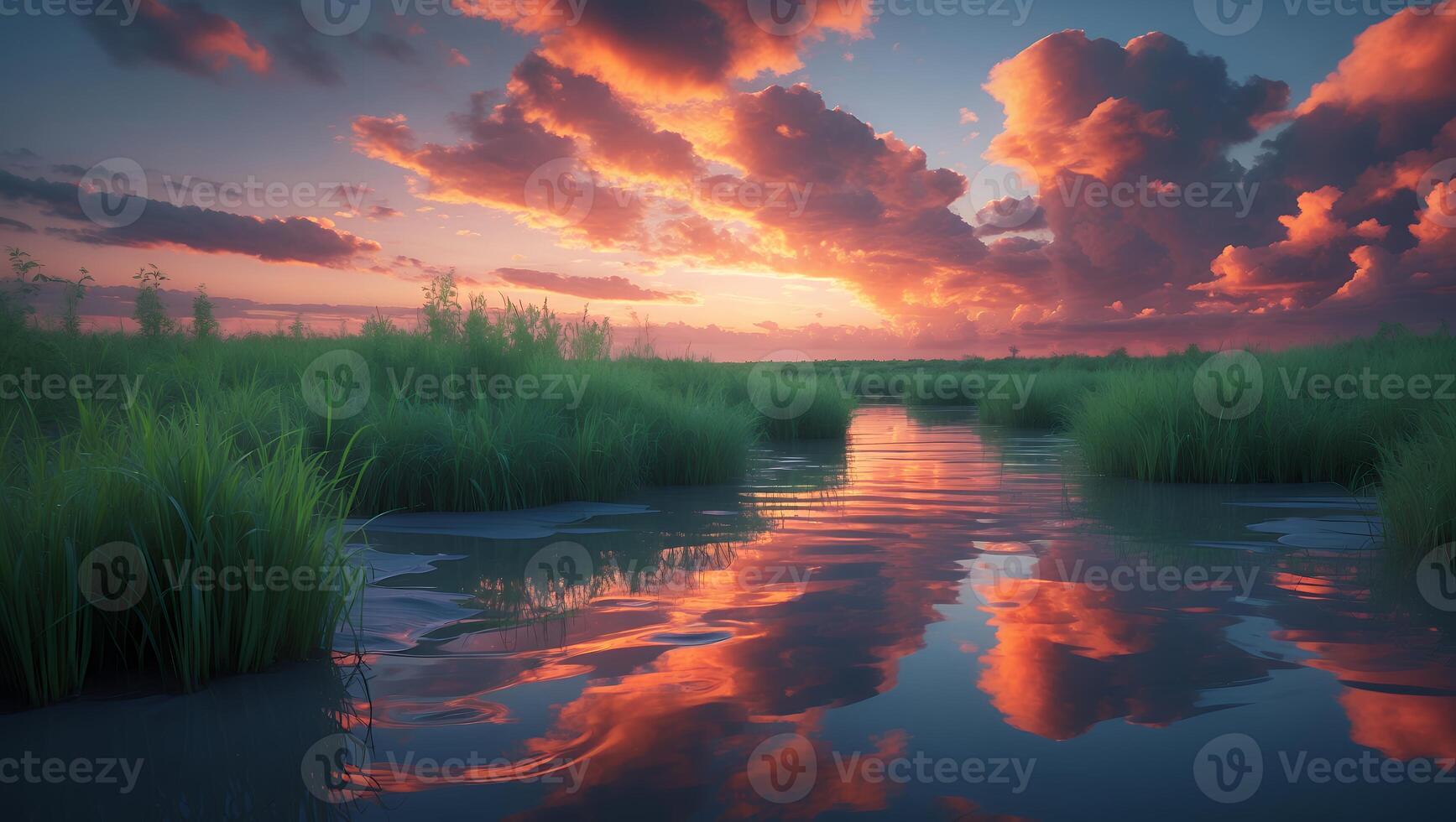 River Reflection at Sunset with Green Grass and Colorful Clouds photo