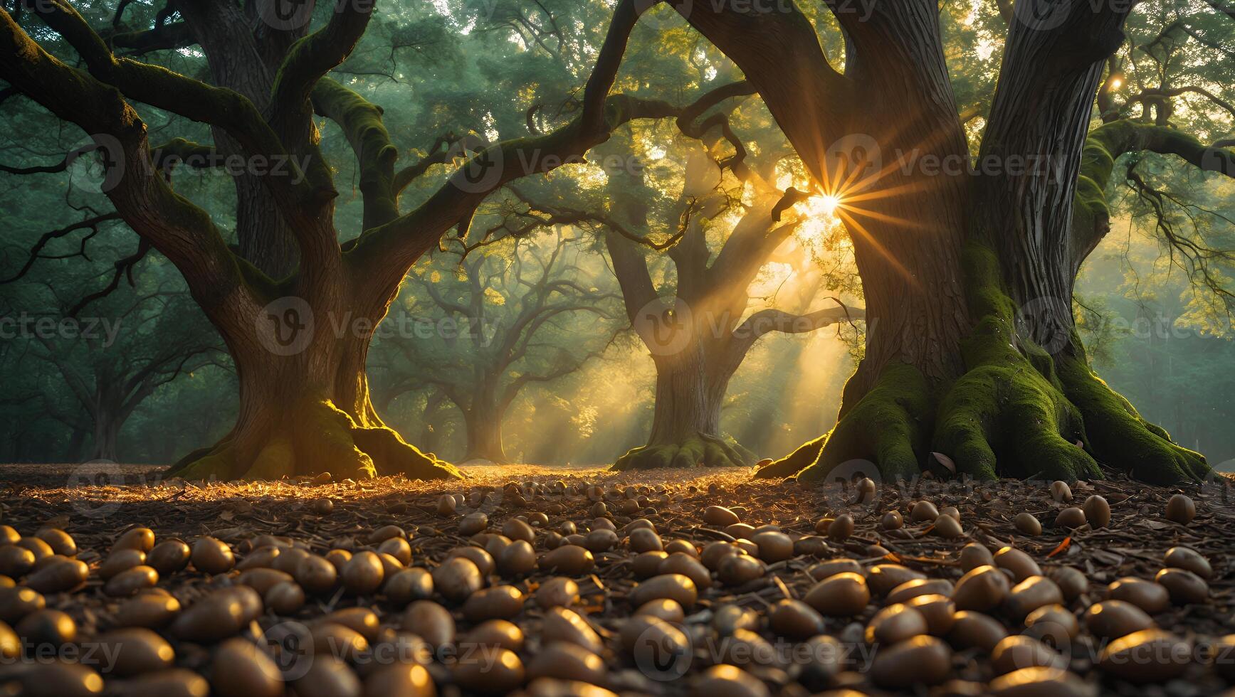 Sunlight Through Forest Trees with Acorns on the Ground photo