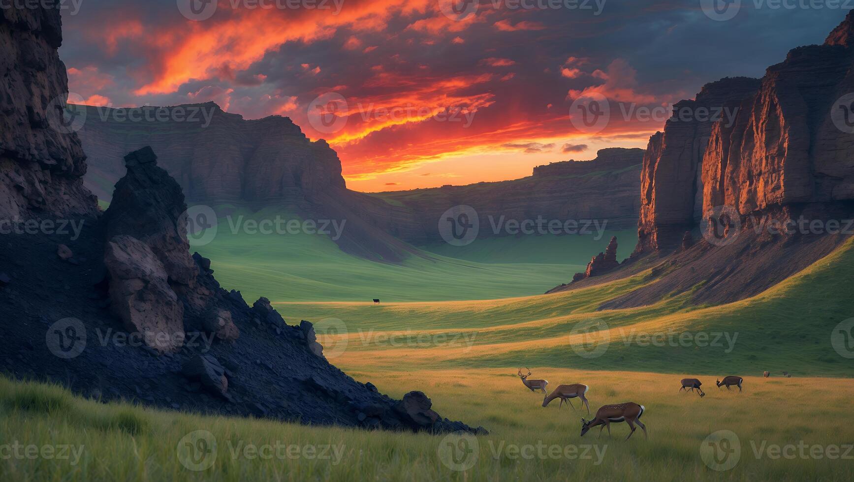Deer Grazing in Valley at Sunset Surrounded by Rocky Cliffs photo