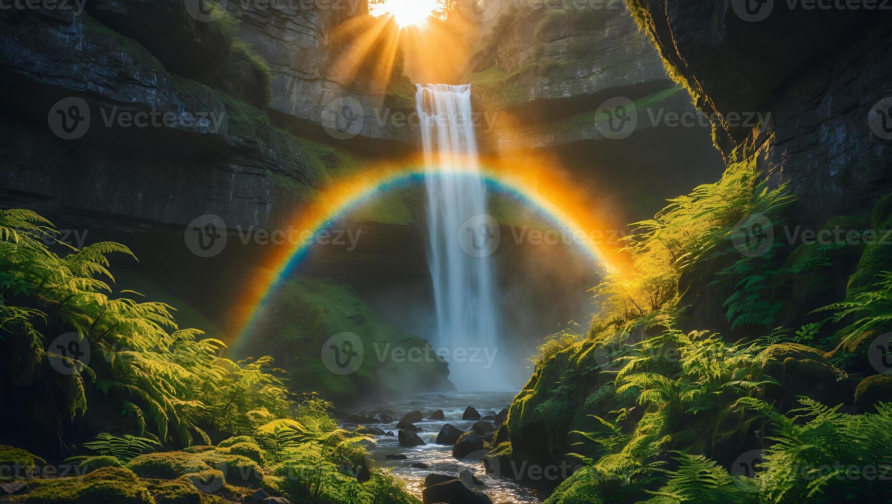 Waterfall with Rainbow in Forest Glade at Sunny Day photo