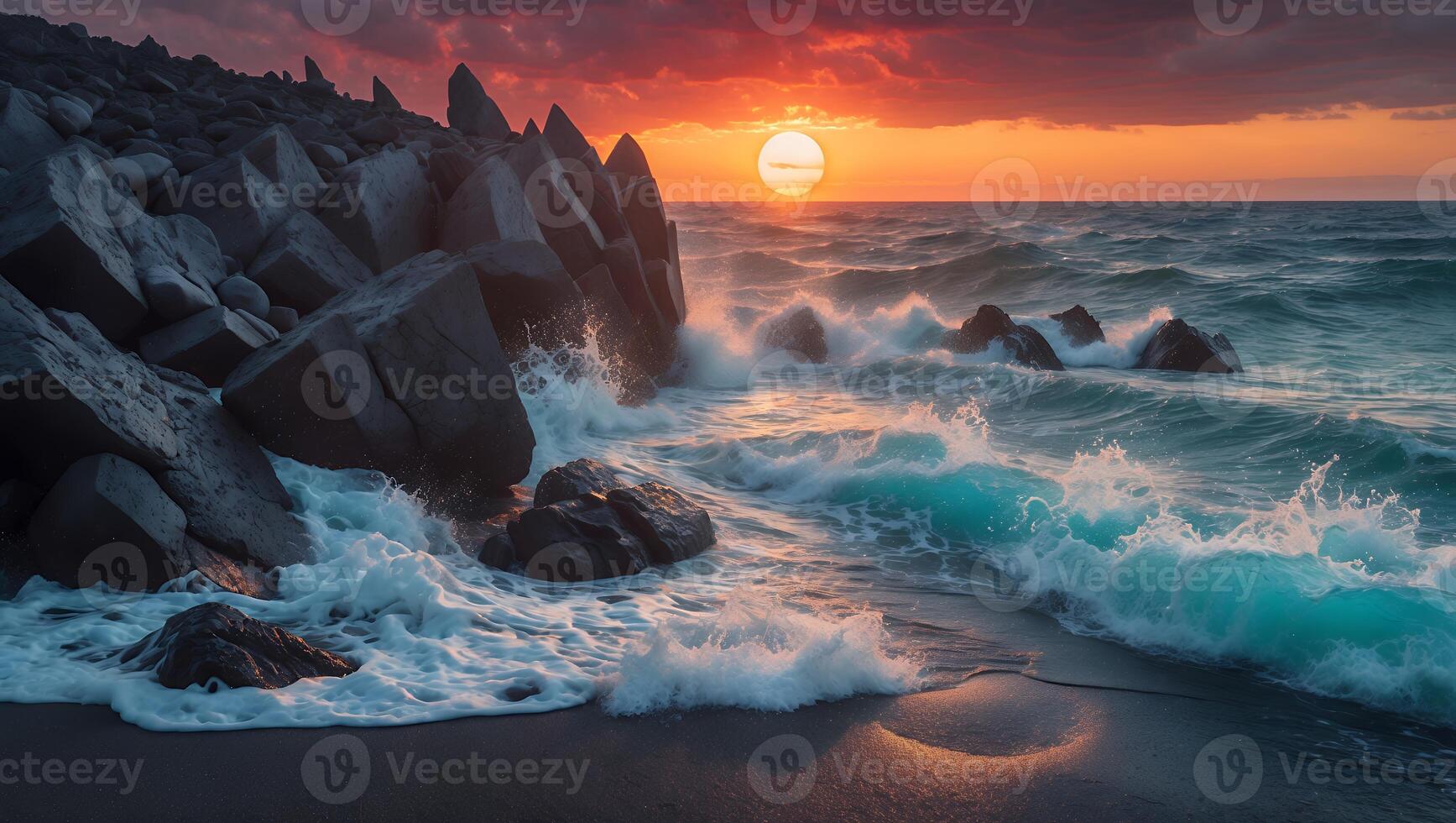 Ocean Waves Crashing on Rocky Shore at Sunset with Dramatic Sky photo