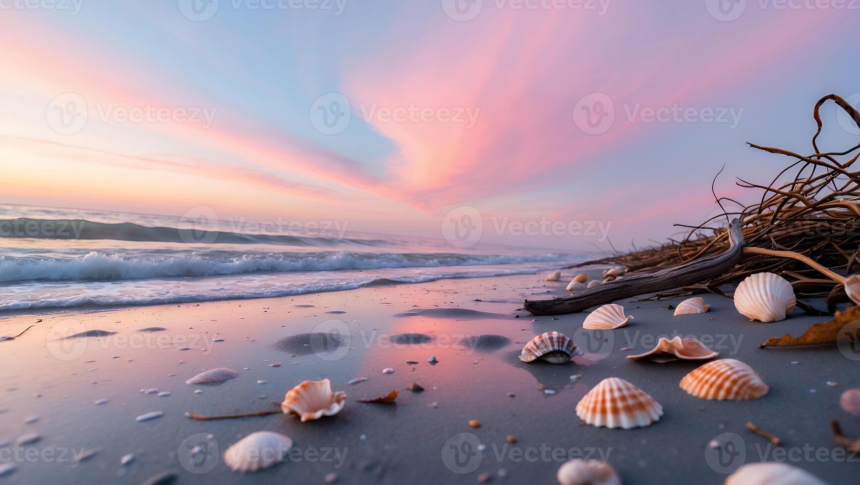 Seashells Scattered on Beach Sand at Colorful Pastel Sunrise photo