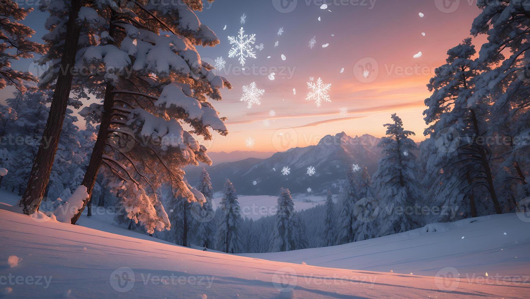 Snowy Winter Landscape with Falling Snowflakes and Mountain View at Sunset photo