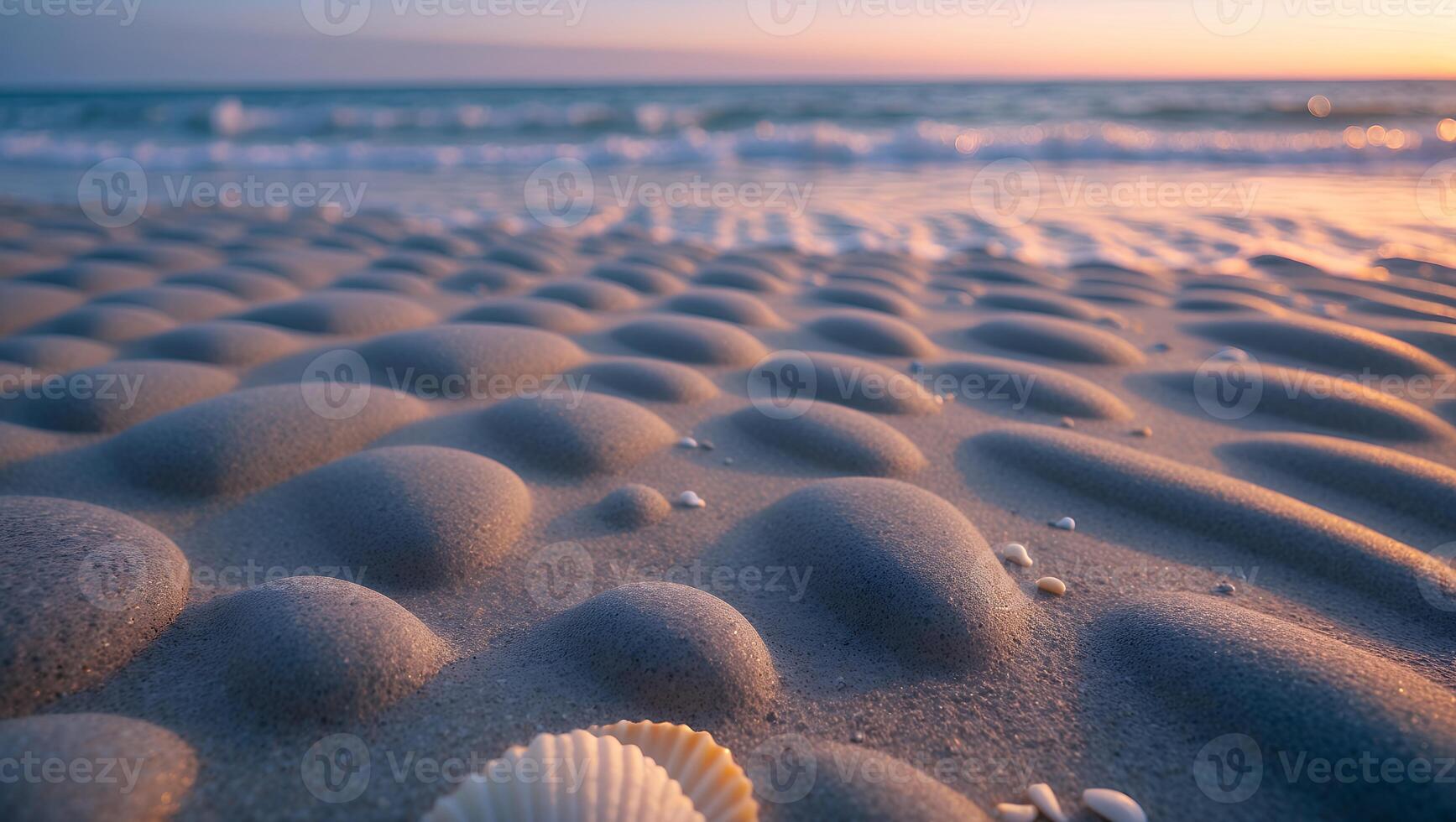 Seashore with Sand Ripples and Scattered Shells at Sunset Serenity photo