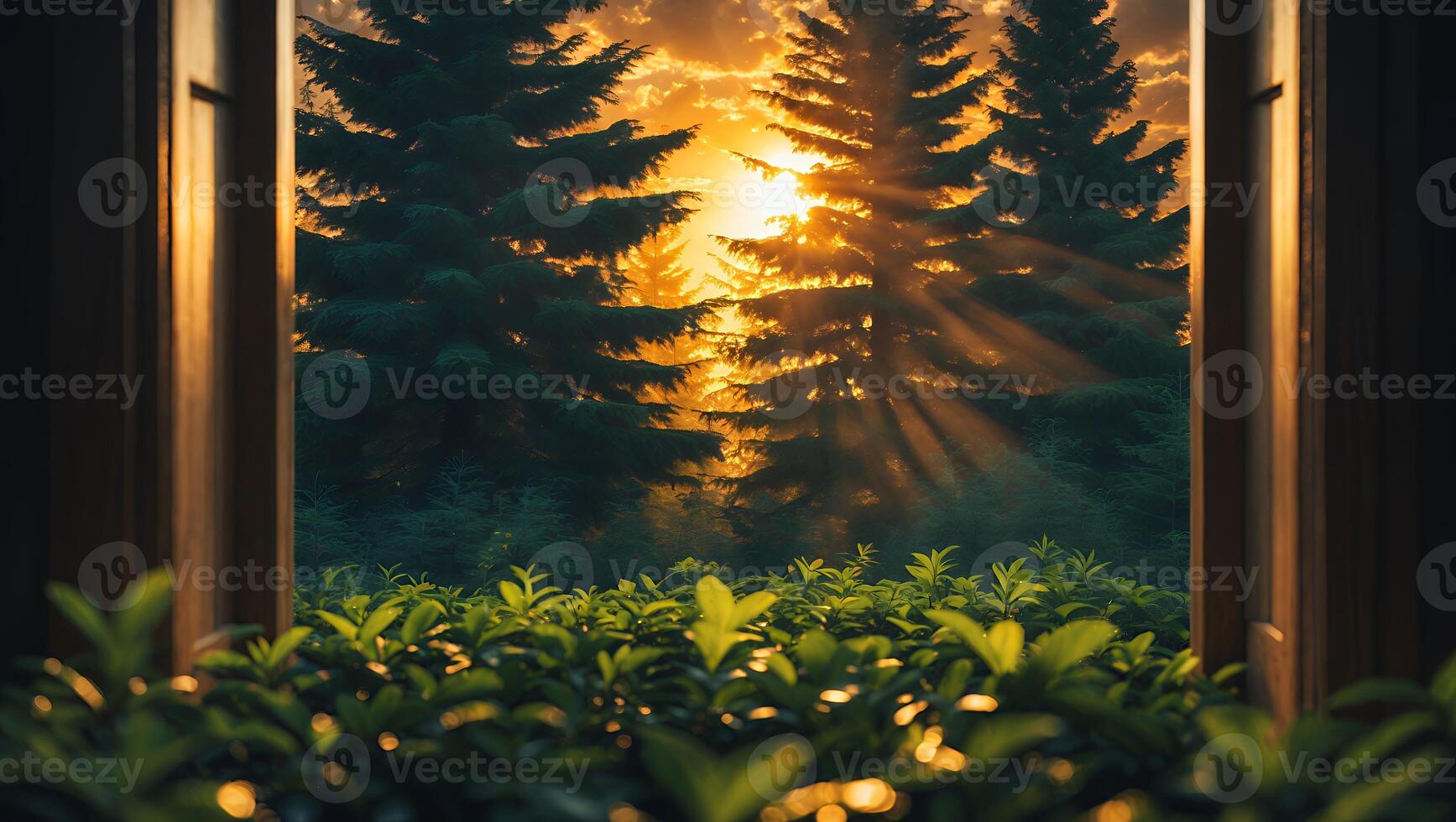 Sunlight Through Forest Trees Seen From Open Window with Foliage photo