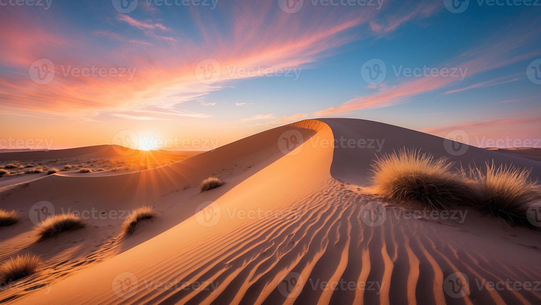 Desert Dune Landscape at Sunset with Colorful Sky and Sand Ripples photo