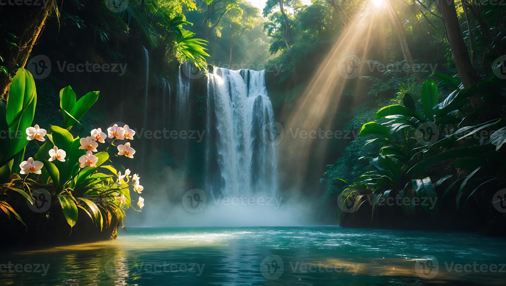 Waterfall Flowing Into a Turquoise Pool with Sunlight and Lush Greenery photo