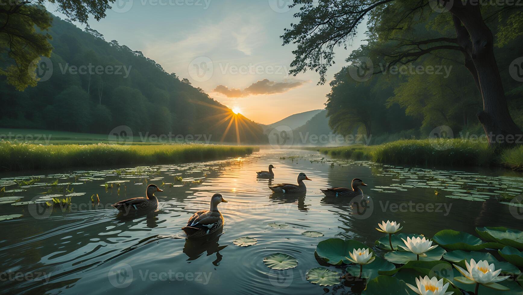 Ducks Swim in Peaceful River with Water Lilies at Sunset photo