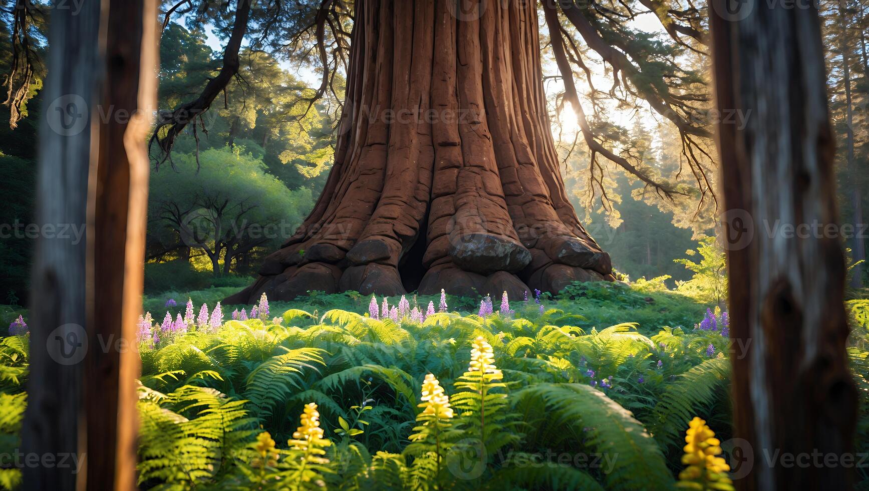 Majestic Redwood Tree Forest Floor Covered in Ferns and Wildflowers photo