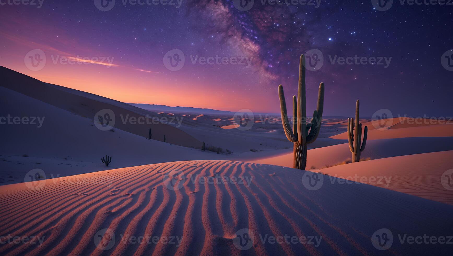 Cactus Standing in Desert Landscape Under Milky Way Sky at Night photo