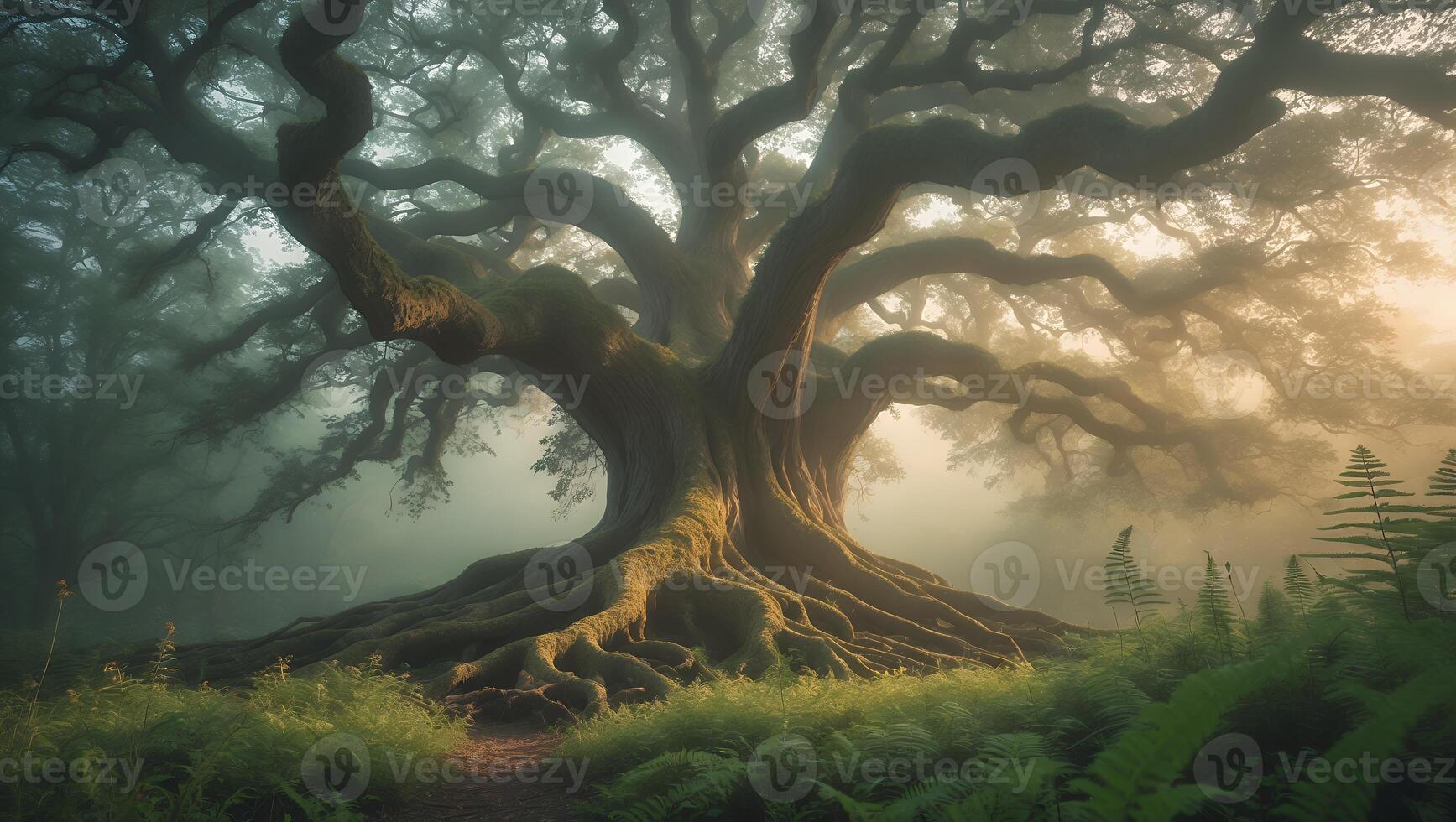Majestic Old Tree in Foggy Forest with Roots and Ferns photo