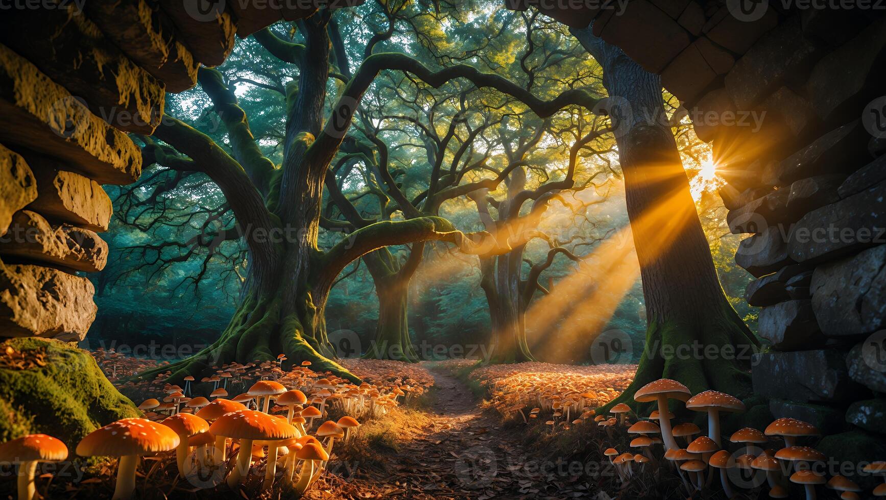Forest Path Leading Through Stone Archway with Sun Rays and Mushrooms photo