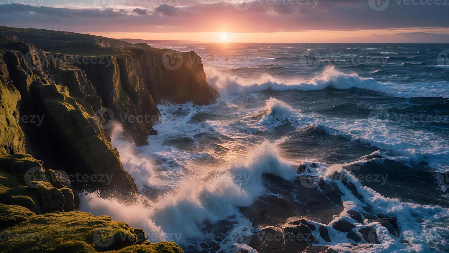 Waves Crashing Against Cliffs at Sunset on the Ocean Coastline photo