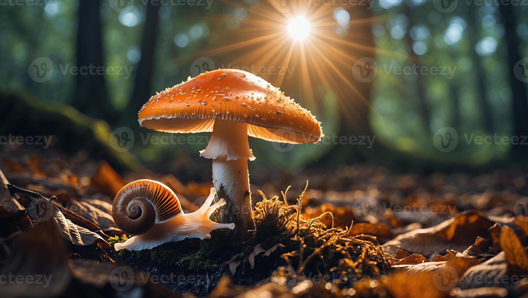 Snail Crawling Near Mushroom in Forest with Sun Starburst photo