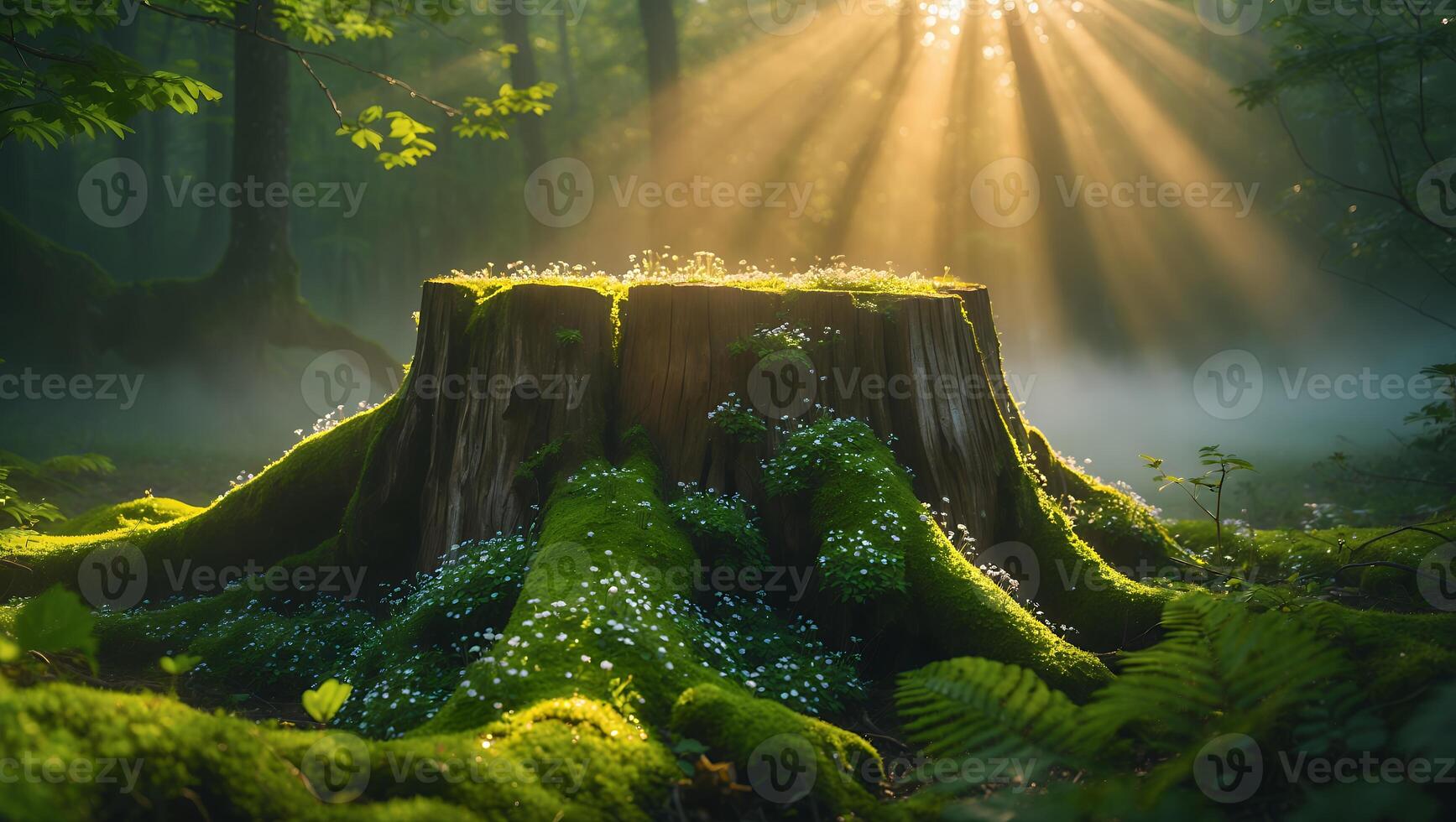 Tree Stump Covered in Moss with Sun Rays Shining Through Forest photo