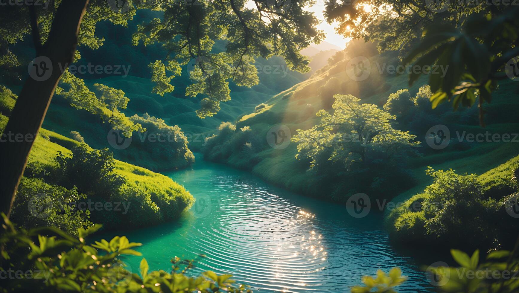 Scenic River Flowing Through Green Valley with Sunlight Streaming Through Trees photo