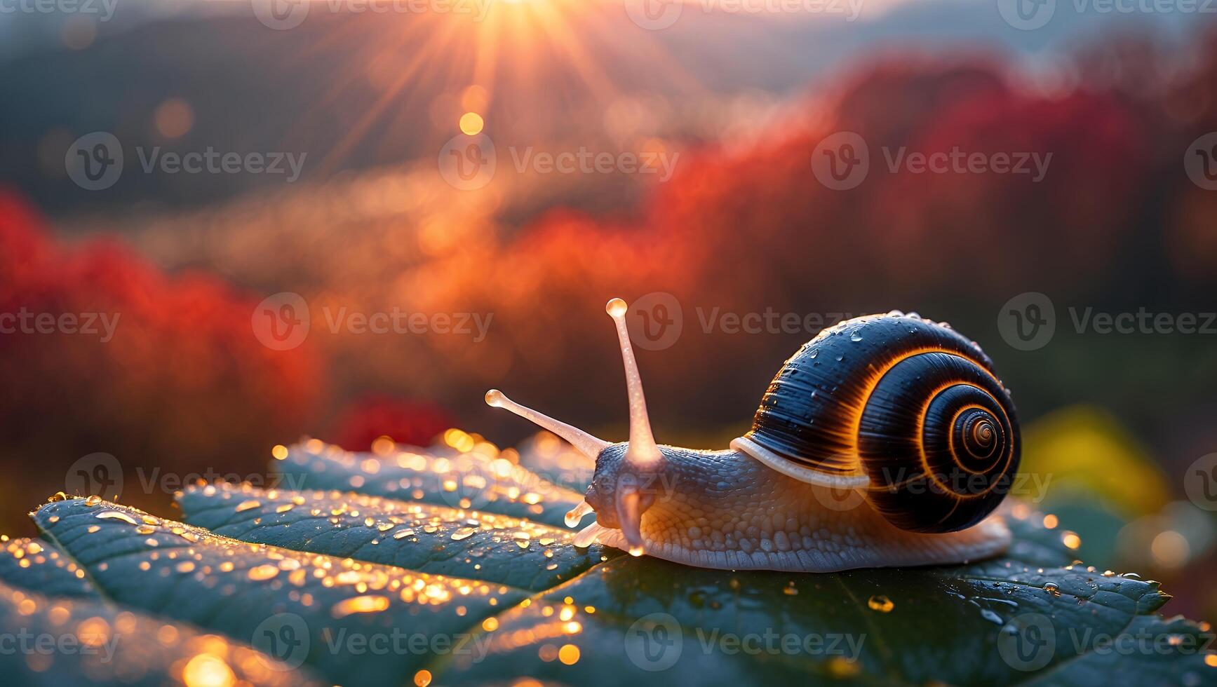 Snail Crawling on Leaf at Sunset with Dew Drops photo