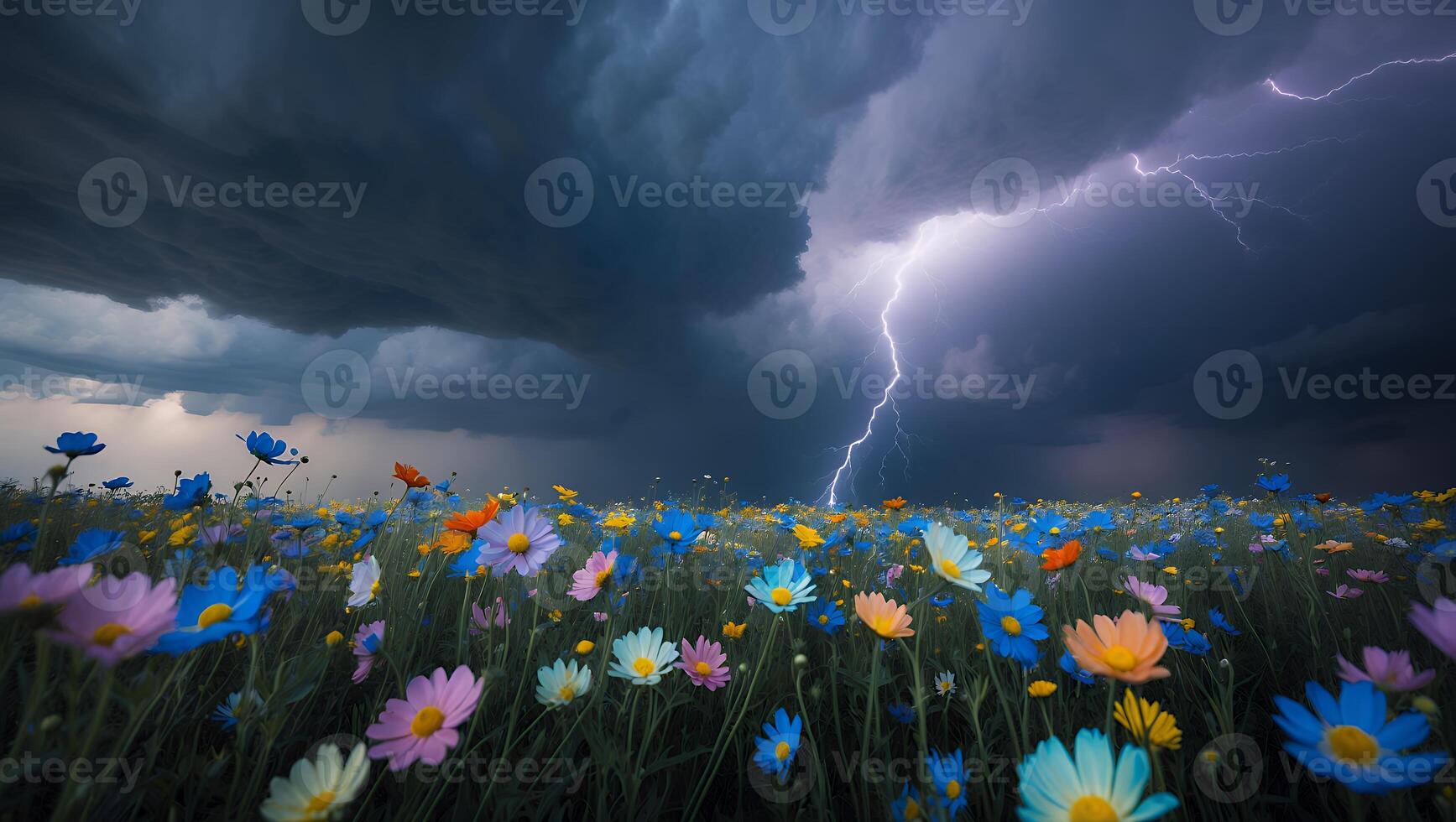 Lightning Strikes Above Colorful Wildflower Field During Approaching Storm photo