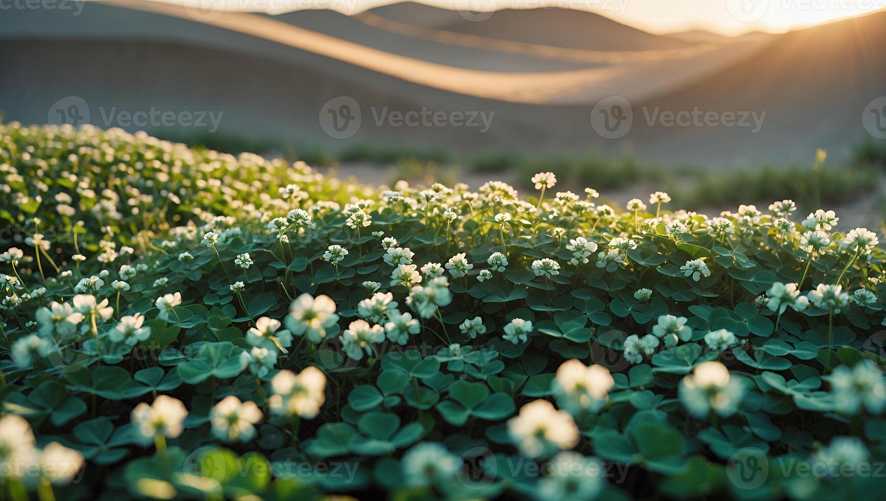 Blooming Clover Field Near Sand Dunes During a Golden Sunset Hour photo