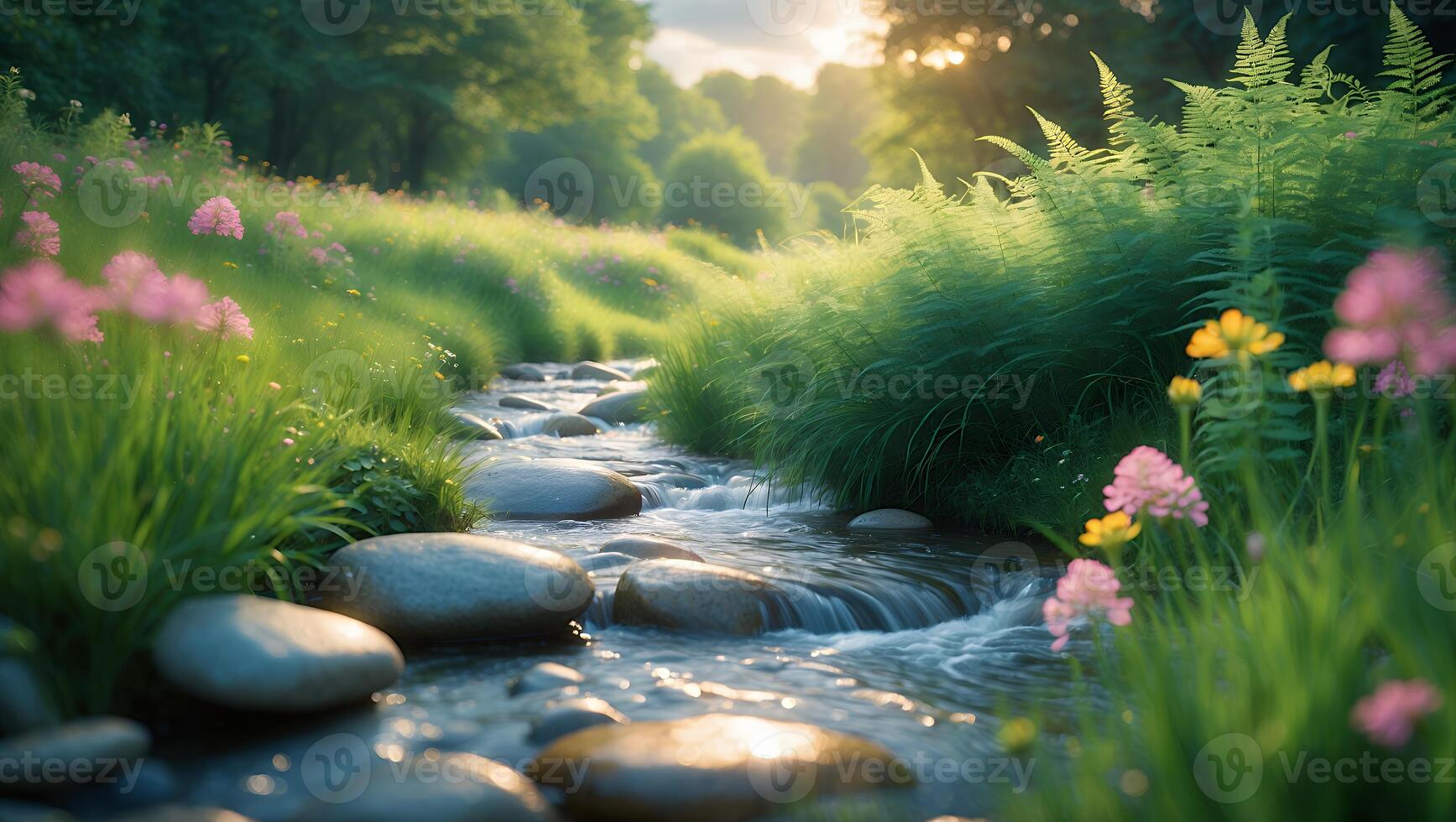 Flowing Stream Through Lush Meadow with Wildflowers and Sunlight photo