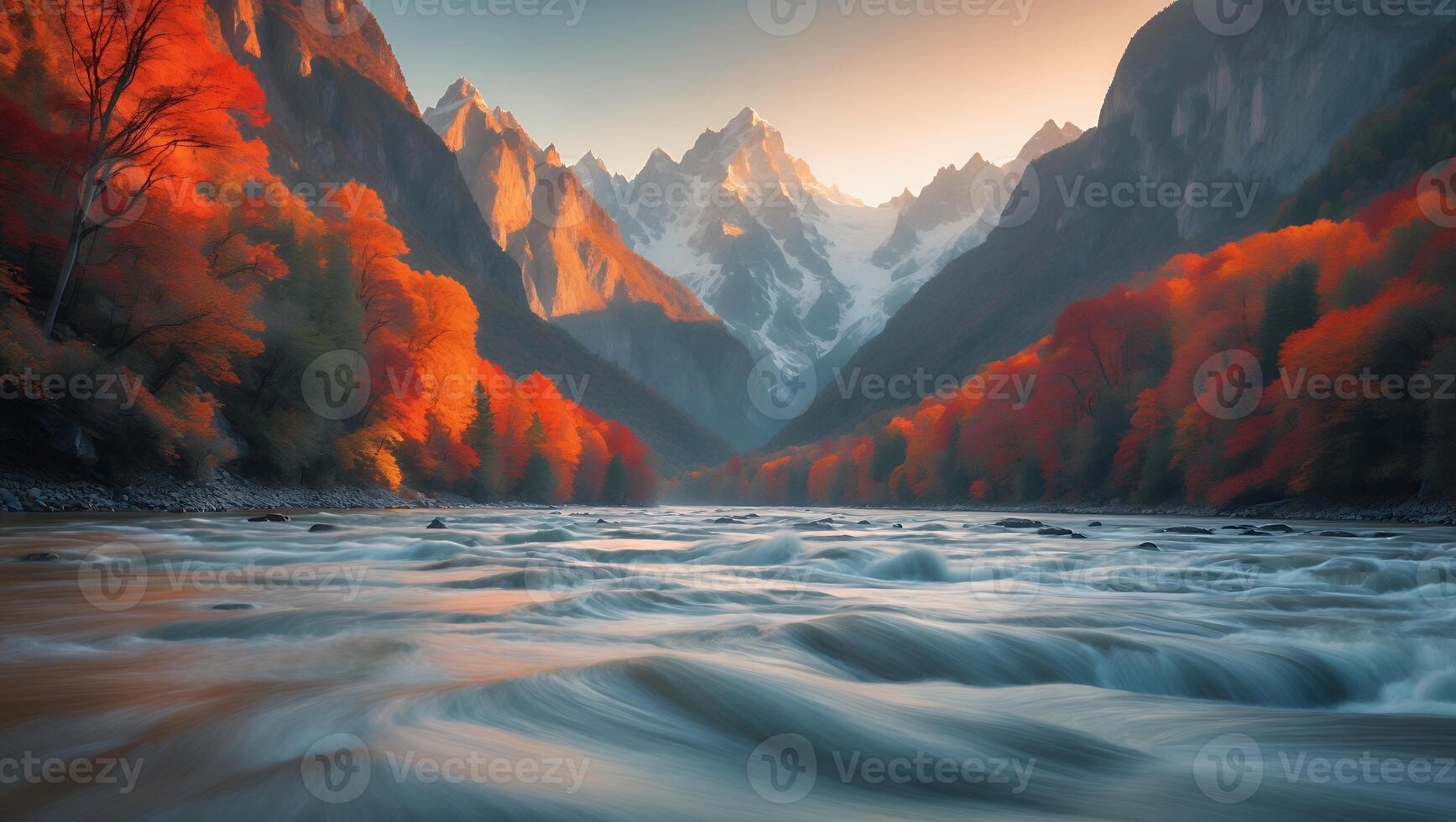 River Flows Through Autumn Landscape with Mountain Peaks at Sunset photo
