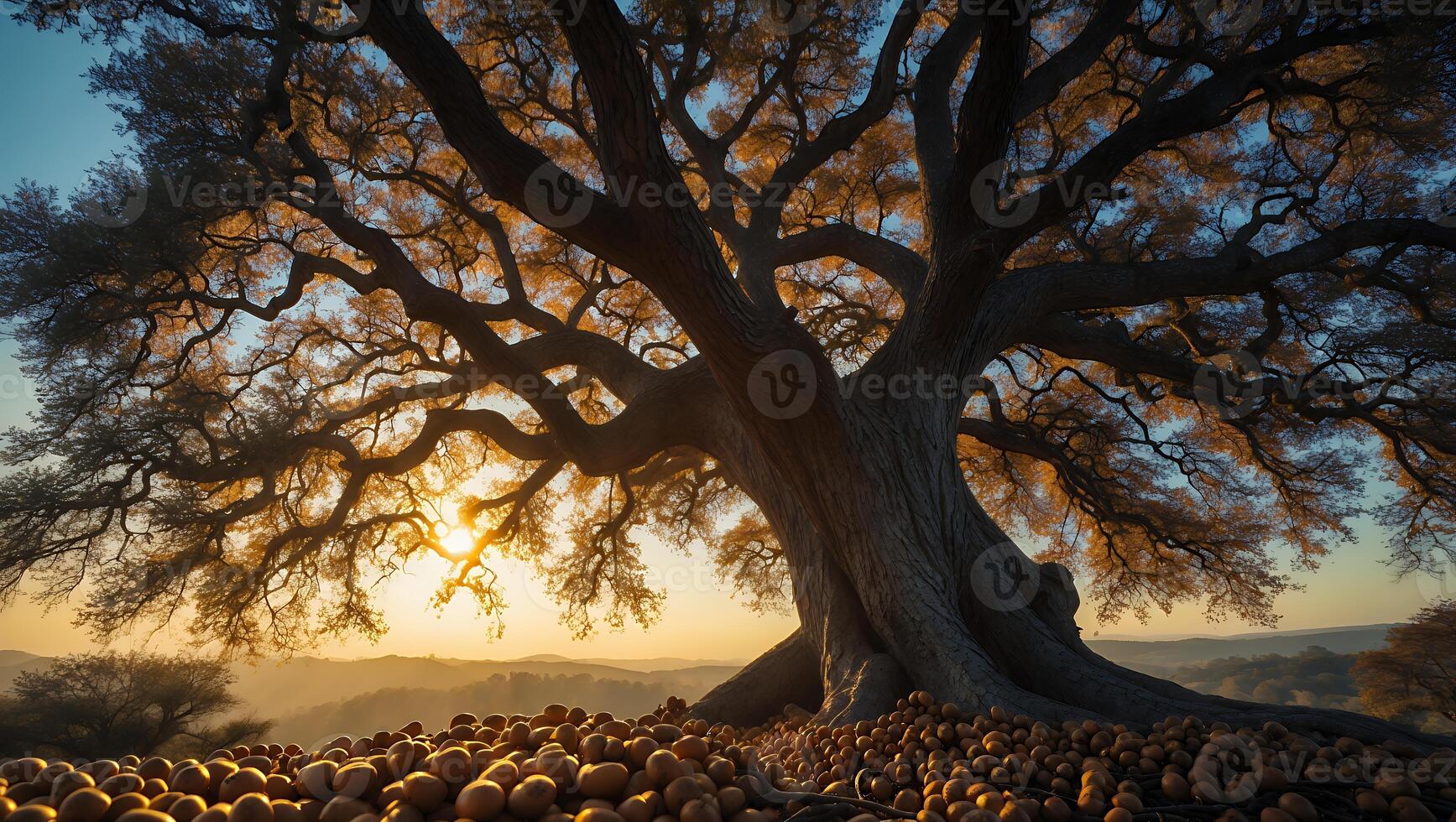 Majestic Tree at Sunset with Golden Light and Rounded Ground Cover photo