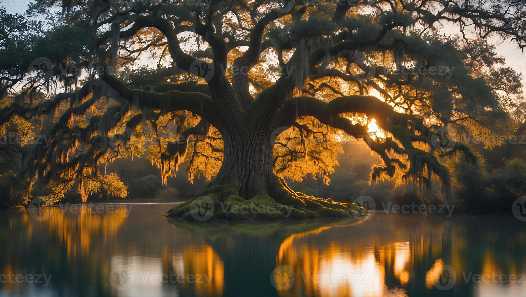 Majestic Tree Reflected in Calm Water at Sunset Creates Serene Scene photo