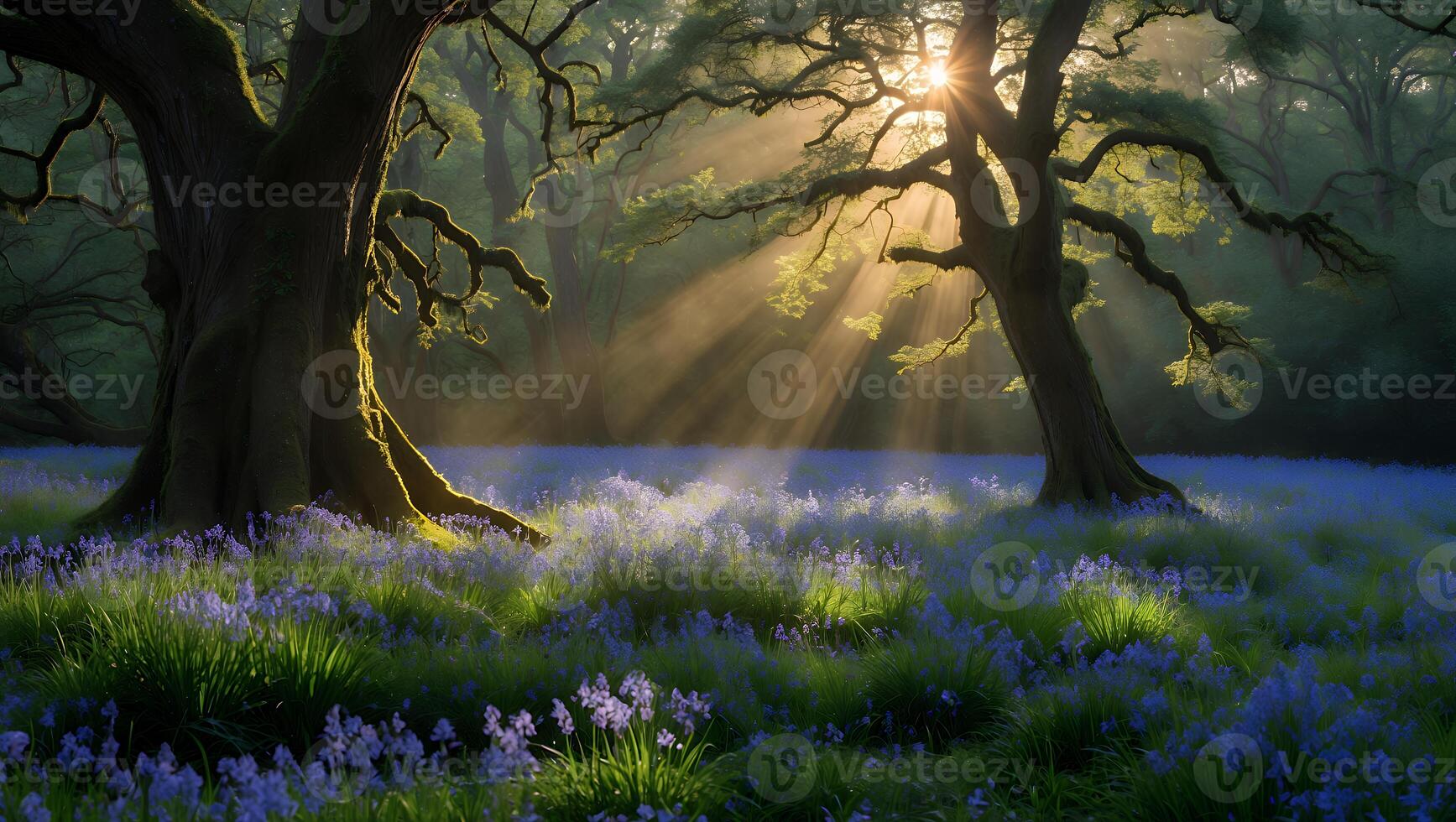 Sunlight Filtering Through Forest Canopy Illuminating Wildflower Meadow Scene photo