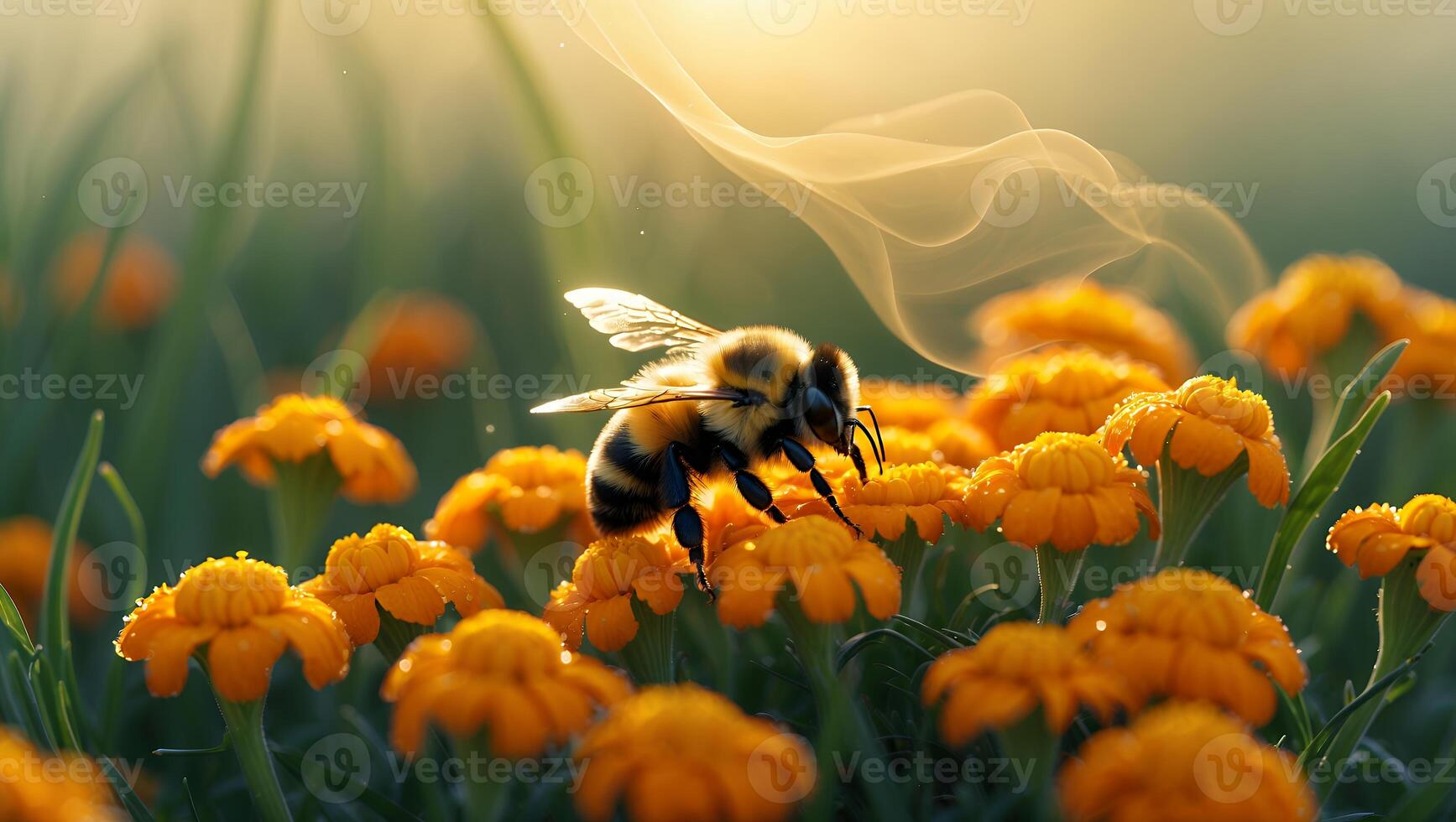 Bee Collecting Pollen on Orange Flowers in Sunny Meadow photo
