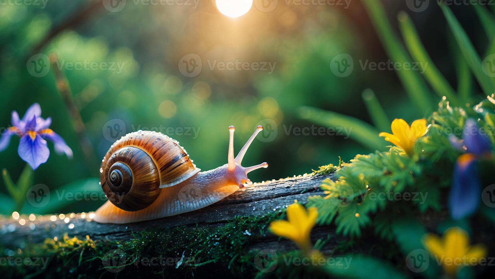 Snail Crawling on Mossy Log Surrounded by Wildflowers at Sunset photo